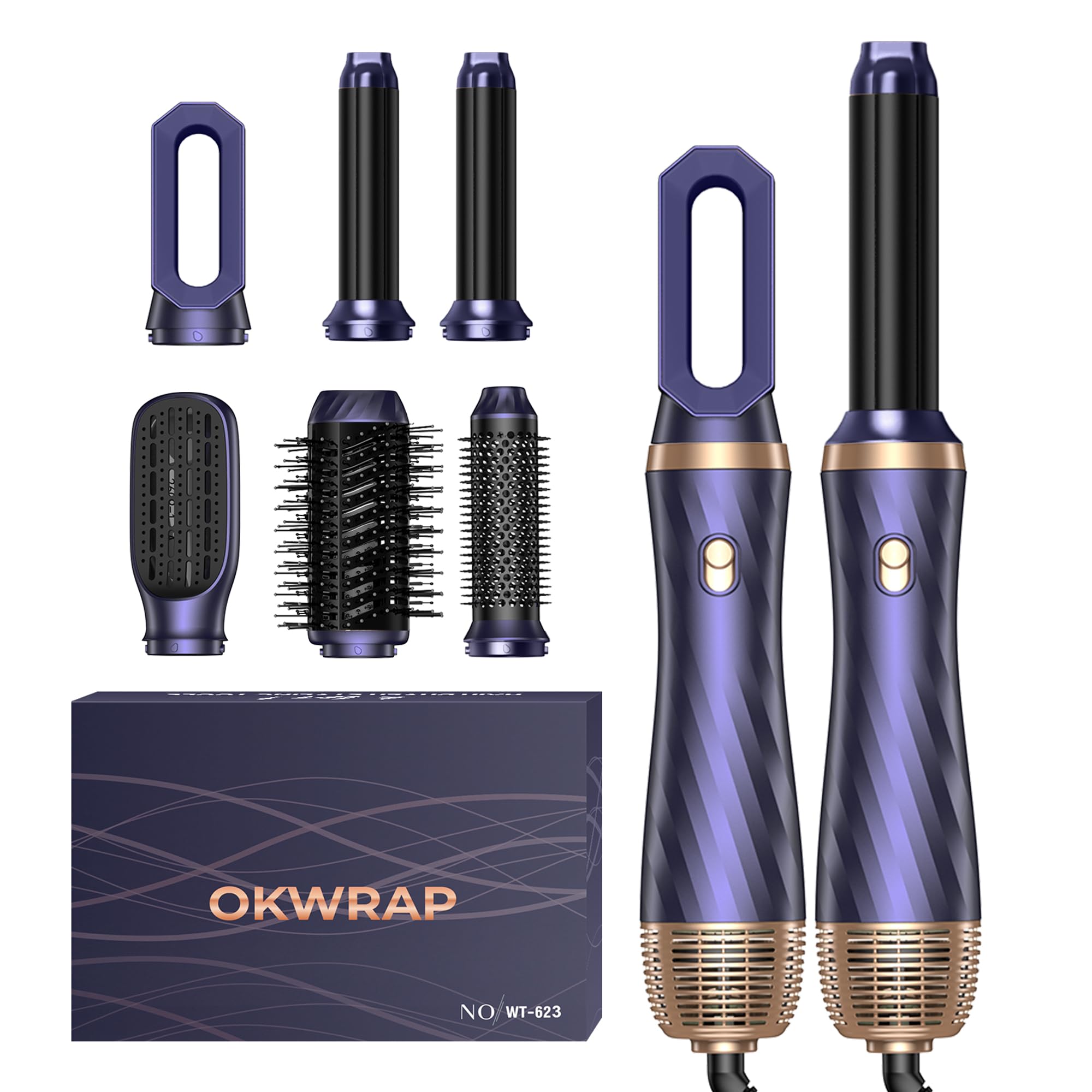 Air Styler Set 6 en 1, OKWRAP Secador 6 en 1,Cepillo de Aire Set 6 Cabezales Intercambiables 3 Temperaturas Cepillo Moldeador De Pelo Cepillo Secador Pelo With Riza, Da Volumen, Alisa y Seca