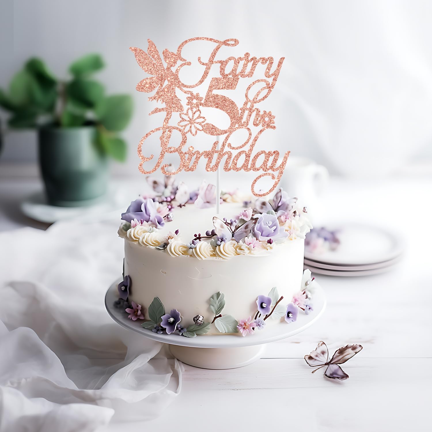 Fairy 5th Birthday Cake Topper, Fairy Happy 5th Birthday Decorations, Girls 5th Birthday Cake Decor, Floral Fairy Birthday Party Decorations, Rose Gold Glitter - Image 5 thumbnail