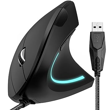 Delton S12 Ergonomic Vertical Wired Mouse, 6 Buttons, 3 Adjustable DPI Levels (800/1200/1600) & 3D Scroll Wheel, Compatible for PC, Laptop, Mac, Chromebook - Black