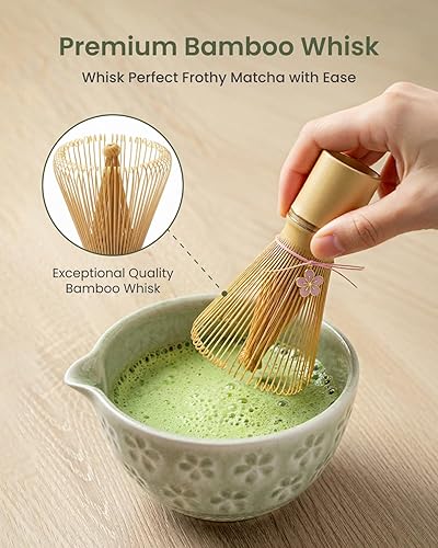 Miniatura 3 de Juego de 7 batidores de matcha, incluye cuenco de cerámica, batidor de bambú, cuchara, tamiz, soporte para batidor, soporte para cuchara y toalla de