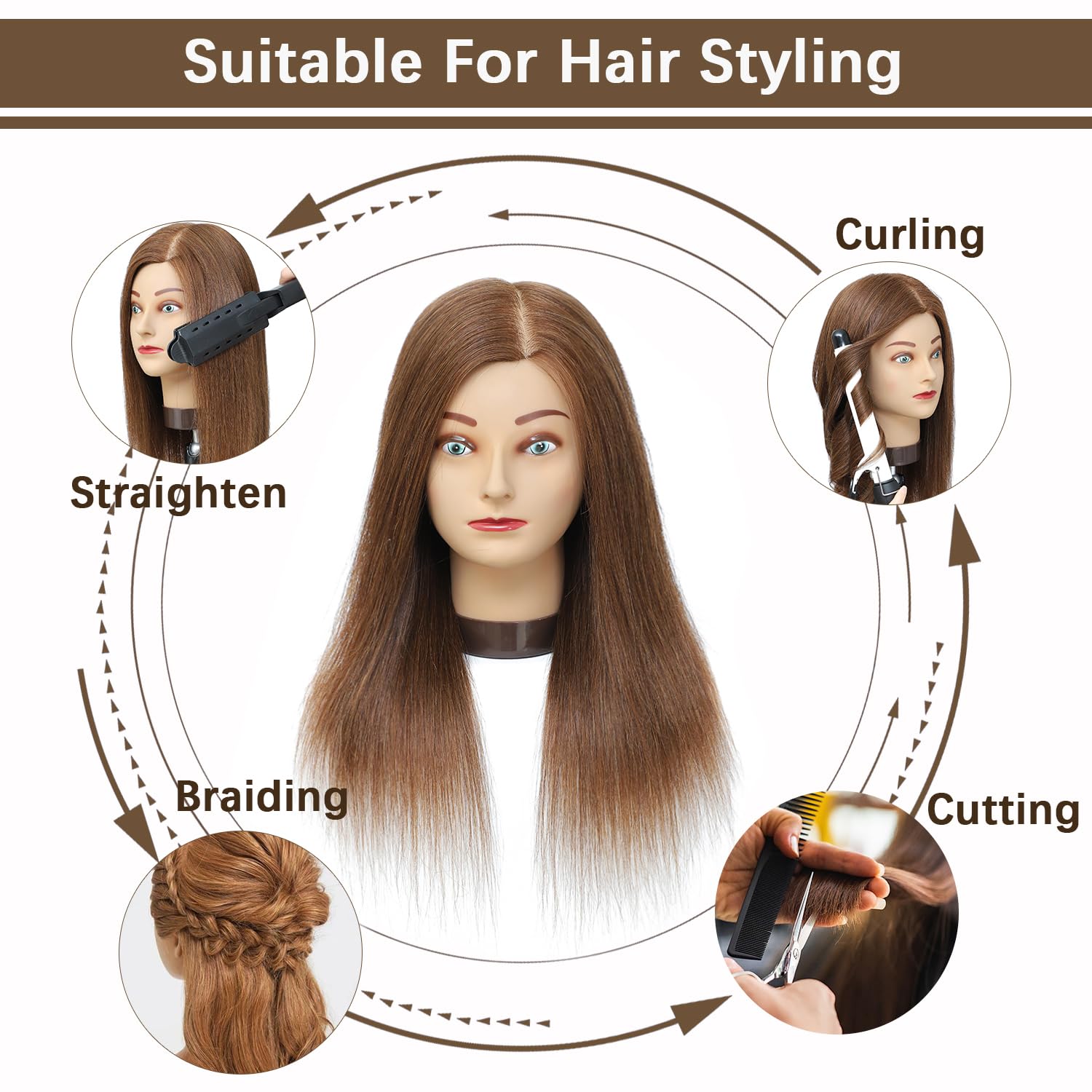 Ineffable 16"Mannequin Head with Human Hair Training Head Cosmetology Doll Head Manikin Practice Head Hairdresser with Free Clamp Holder Female (HB-16inch) - Image 3