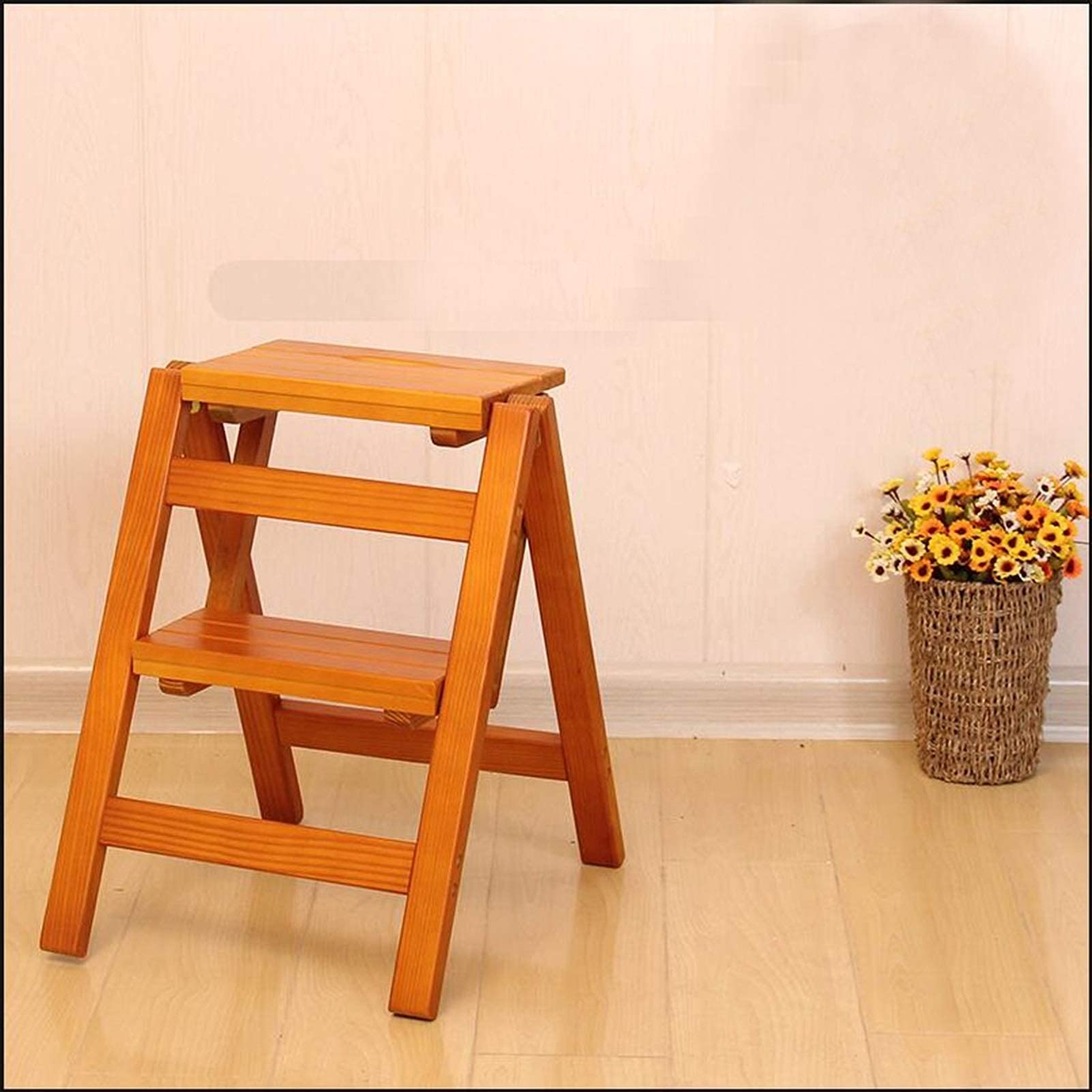 ladders for Home, Ladder Stool Solid Wood Household Folding Two-Step(Orange)