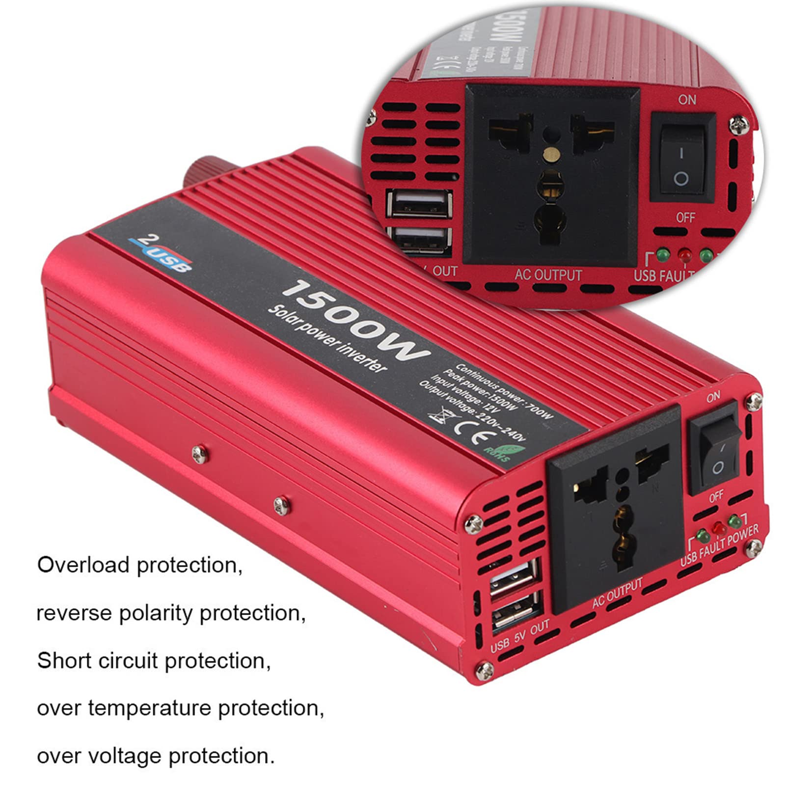 Zasilacz Samochodowy z Falownikiem, 1500W DC 12V na AC 230V Konwerter Samochodowy z Falownikiem Podwójny Adapter ładowarki USB Zapalniczka Samochodowa Zasilacz Samochodowy