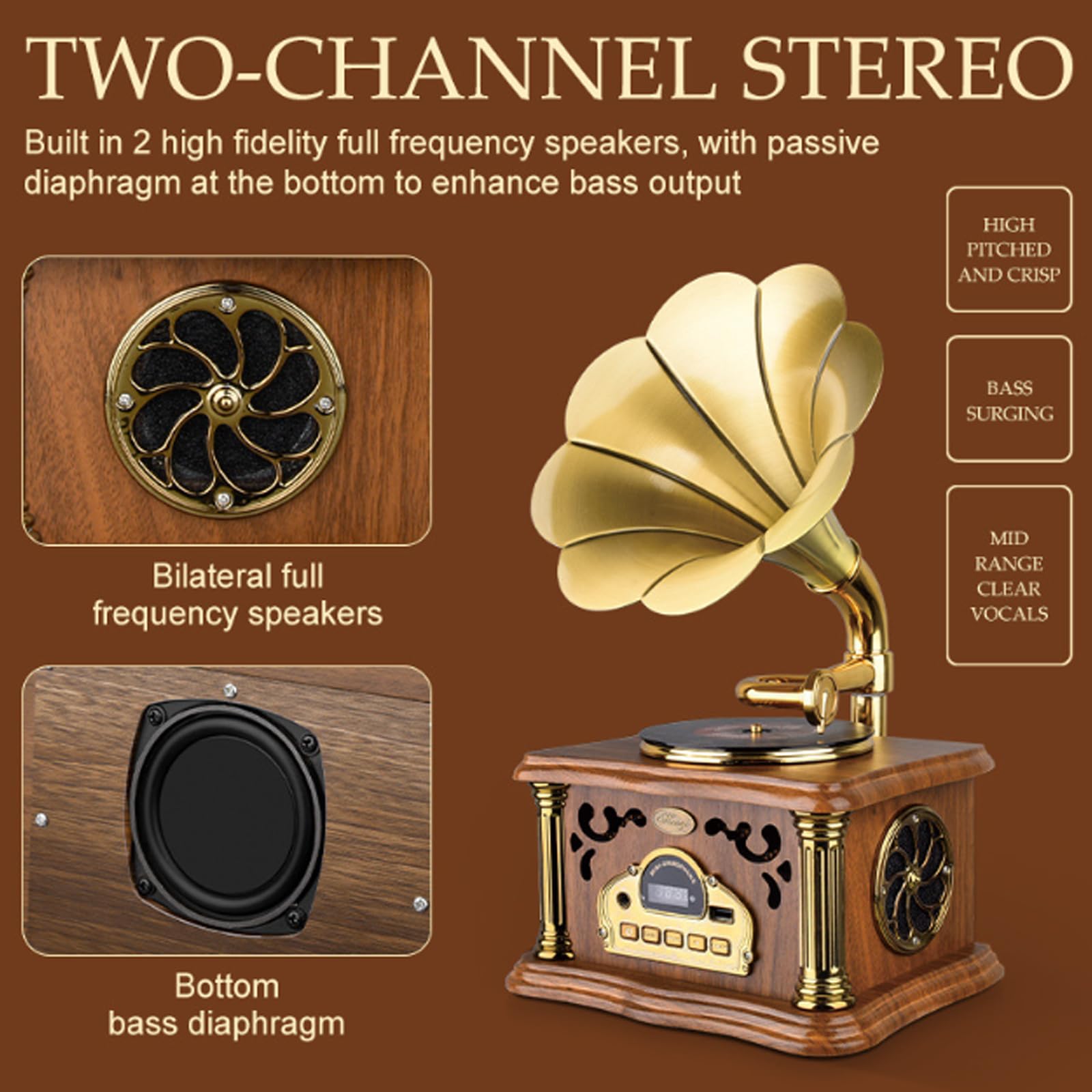 Głośnik I Odtwarzacz Muzyczny Bluetooth W Stylu Retro Z Radiem Fm, Kształt Gramofonu, Ozdoby Do Domu Wykonane Z Miedzi I Litego Drewna, Obsługuje Wejście Dysku U,Brown