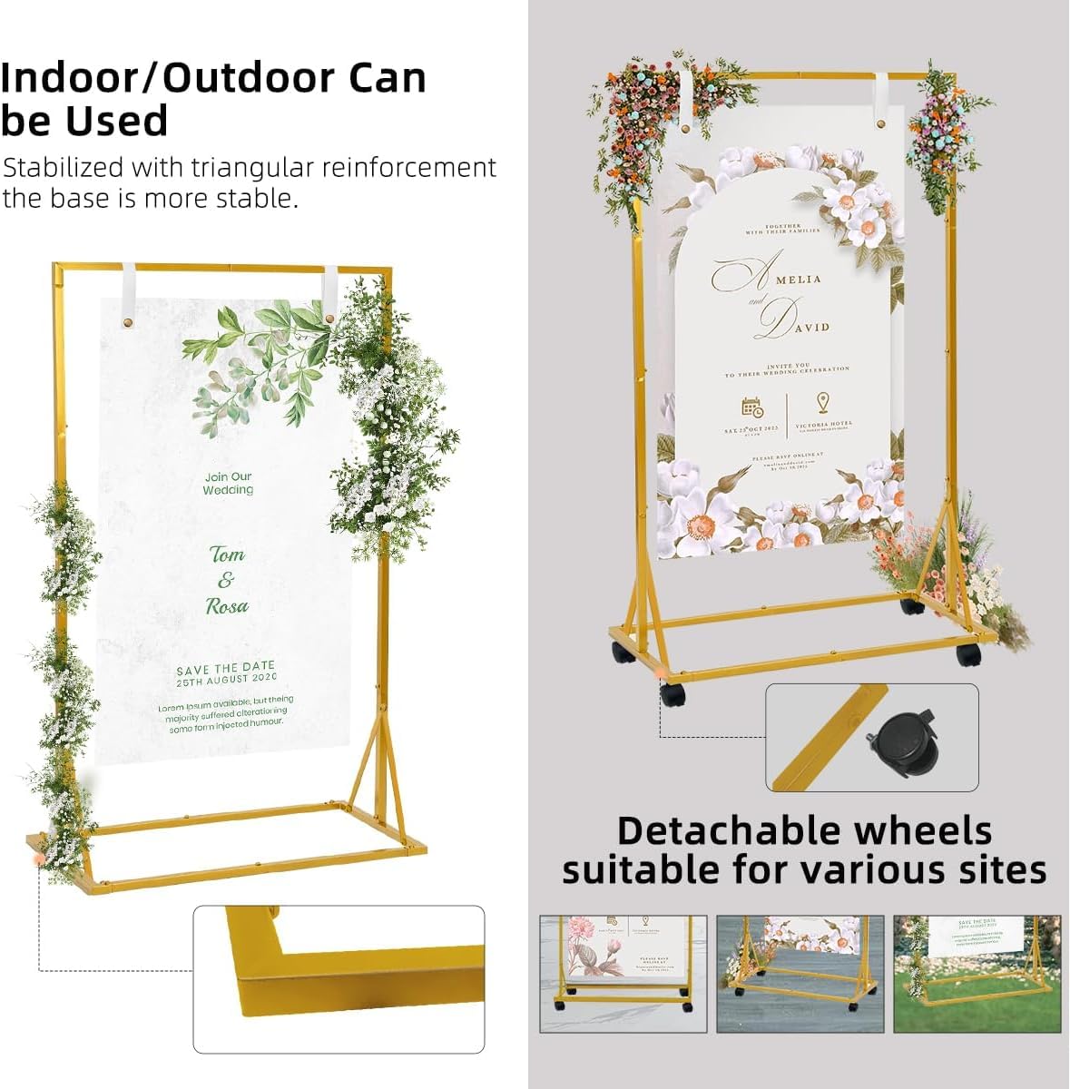 Support de plaque de mariage sur roulettes, 170 x 72 x 50 cm, réglable, avec 2 sangles en cuir, support doré pour panneaux de mariage, affiches, plan de table, réception et décoration