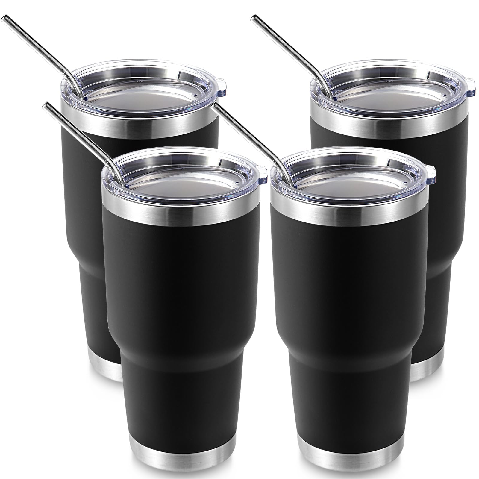 Volhoply Lot de 4 gobelets isothermes de 887 ml avec couvercle et paille, double paroi intérieure et extérieure en acier inoxydable 304 avec revêtement en poudre pour bureau, maison, voyage (noir)