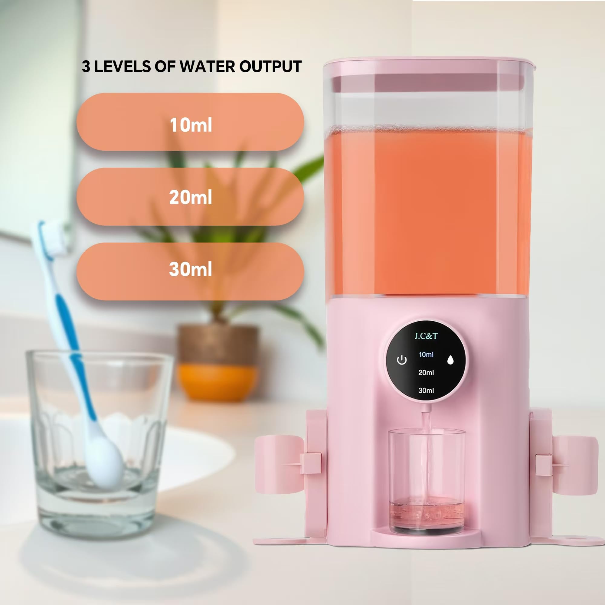 J.C&T Dispensador automático de enjuague bucal para baño, 22 dispensadores de flOz con vasos magnéticos, soportes para cepillos de dientes montados en la pared, niveles de dispensación ajustables,
