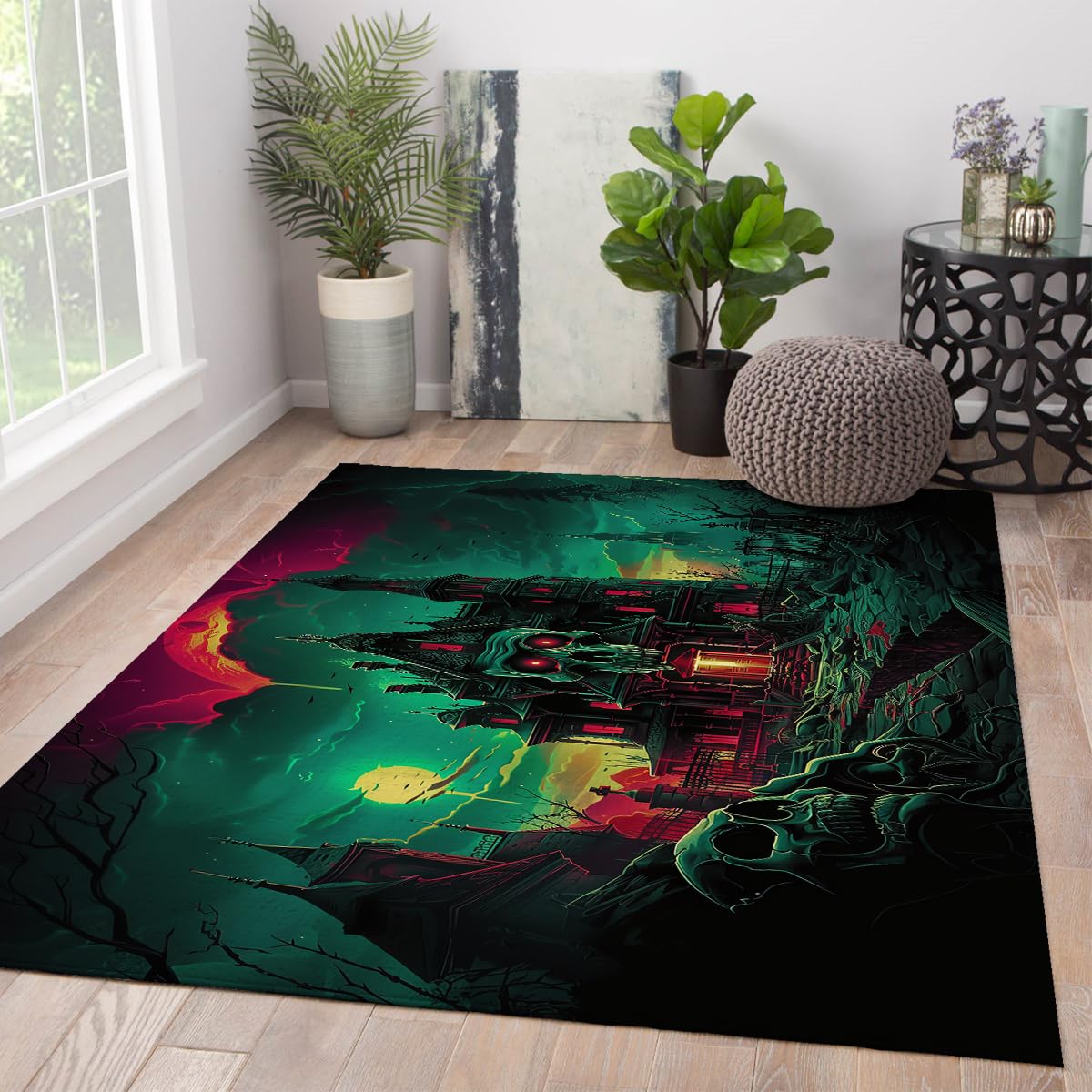 Area Rug 150 x 240 cm, nadający się do prania, dywan w stylu vintage, czaszka Castle of Terror, mata wewnętrzna, składany, cienki dywan, neonowy zielony i czerwony, ciemny wzór Sci-Fi