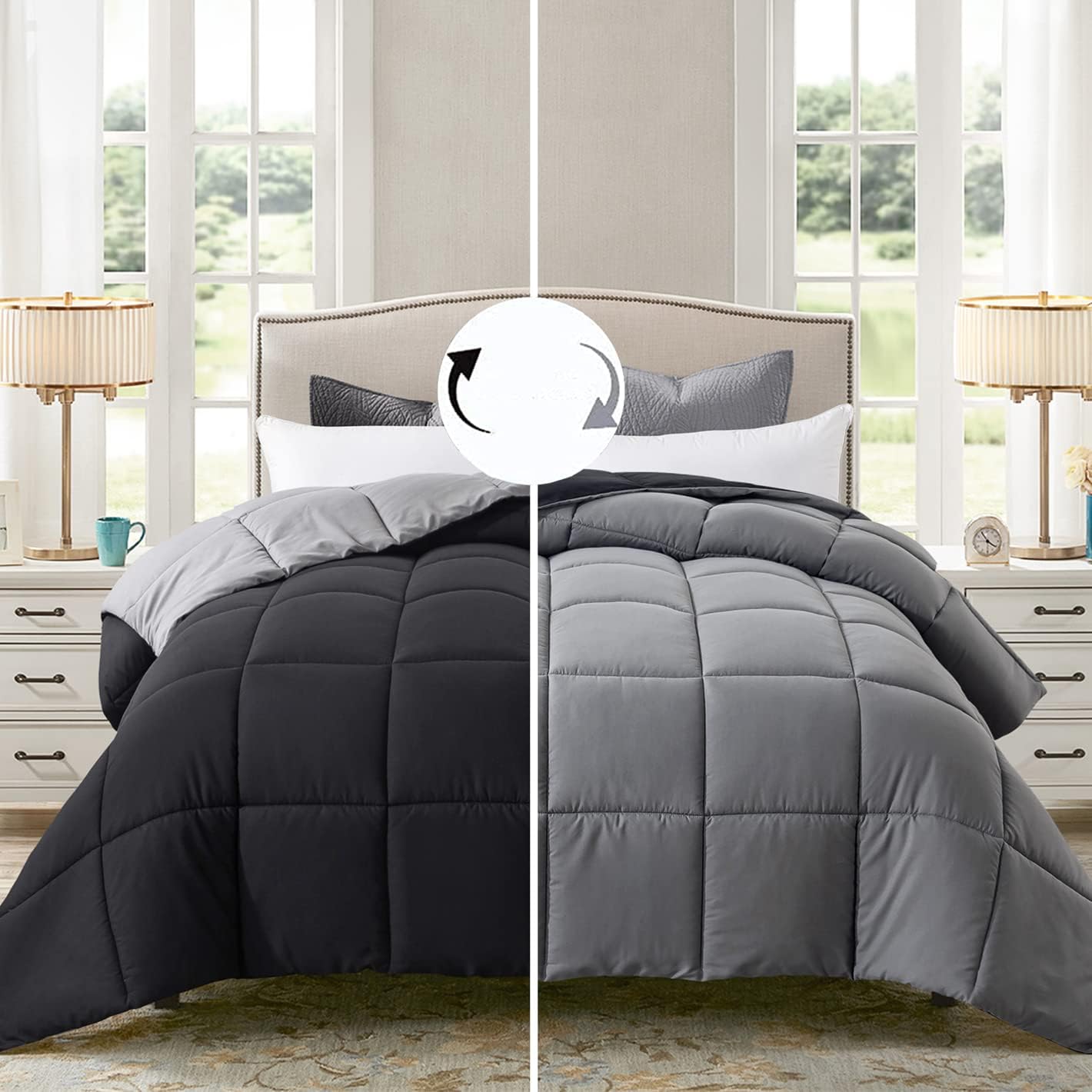 ELNIDO QUEENยฎ All-Season Reversible Down Alternative Quilted Comforter- Corner Duvet Tabs-Machine Washable-Duvet Insert or Stand โ Alone Lightweight Comforter- Black/Gray -King Size(102ร90 Inch)