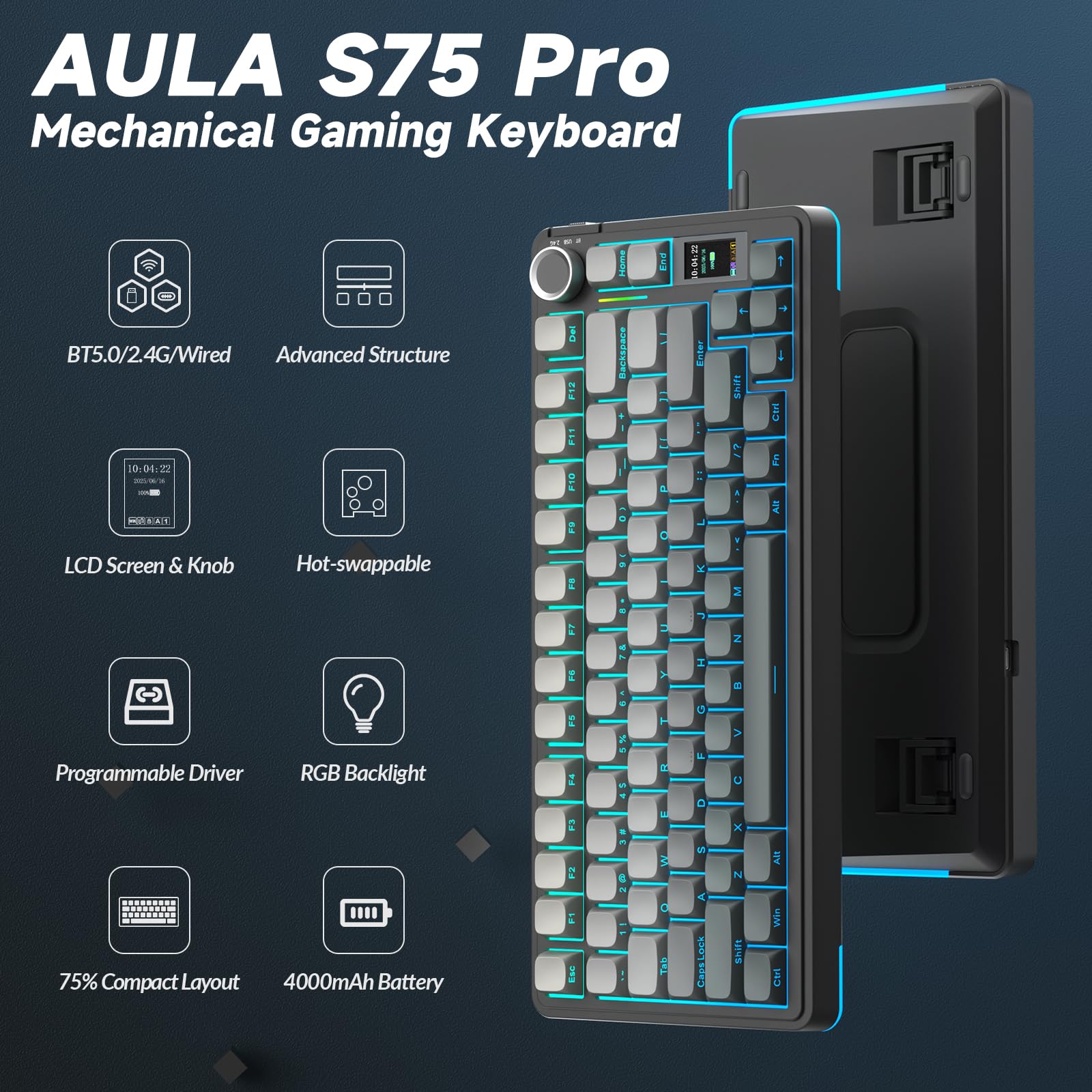 AULA S75 PRO Wireless Mechanical Keyboard with Screen&Knob, Tri-Mode Hot Swappable Gaming Keyboard 75%, Pre-lubed Switches, RGB Backlit, Side Printed PBT Keycaps, Creamy Sounding Computer Keyboards