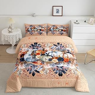 Homewish Fall Pumpkin Comforter Set King Size Vintage Flower Leaves Bedding Set Colorful Boho Glitter Quilt Set Kids Girls Woman Adult Room Decor Rustic Farmhouse Botanical Duvet Insert,Orange 3Pcs