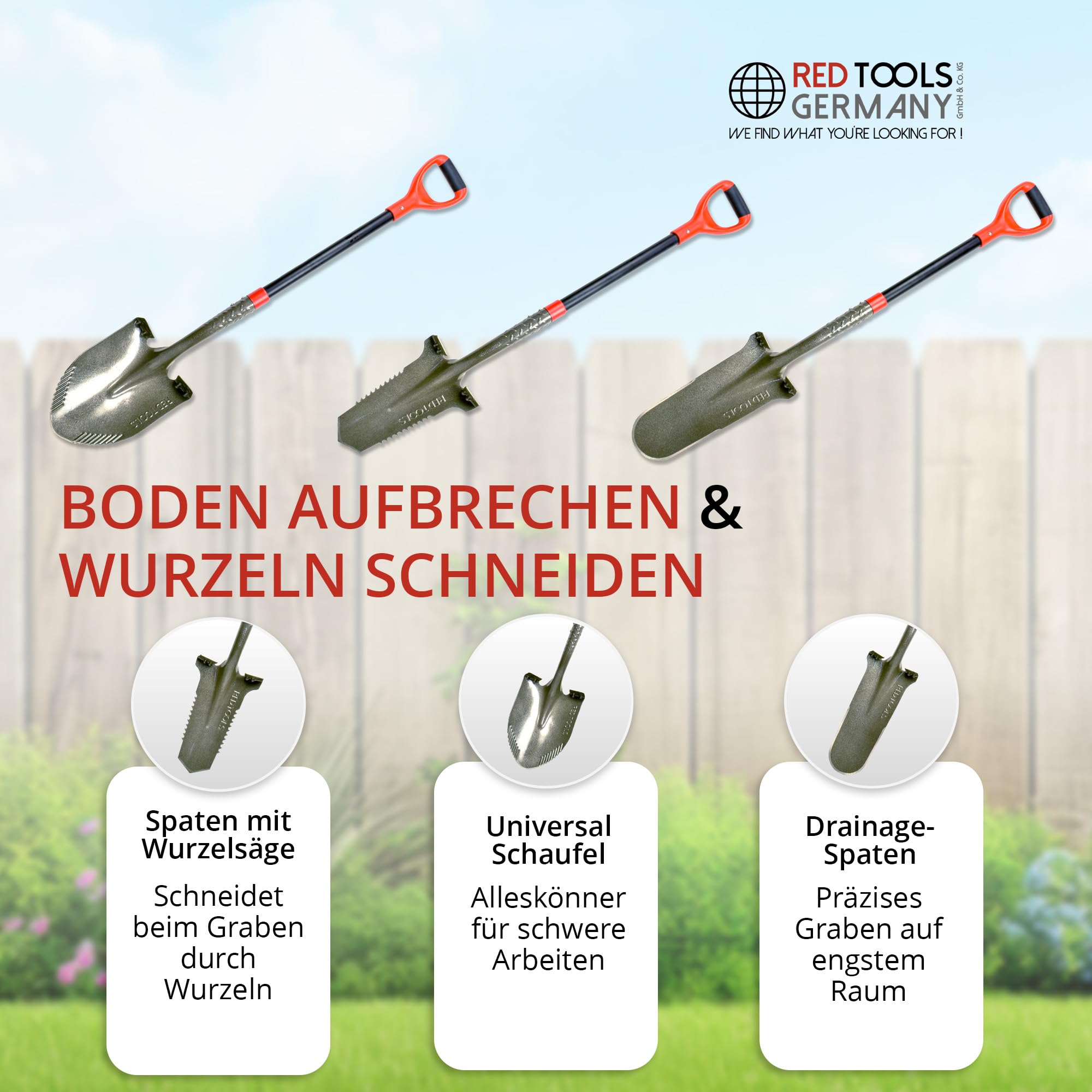 Profi Spaten Set - Robustes Garten Werkzeug inkl. Gärtnerspaten mit Wurzelsäge, Drainagespaten und Schaufel - für alle Gartenprojekte geeignet (Grau)