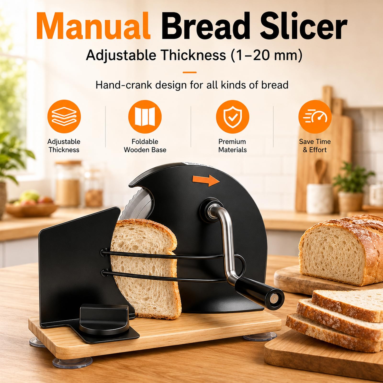 Cortadora Manual de Pan, Rebanadora con Manivela Ajustable 1–20 mm | Cuchilla Dentada, Base de Madera Plegable y Ventosas para Pan, Tostadas, Bollería, Queso y Salchichas(black)