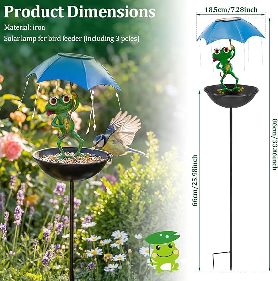 Solar Bird Feeder Frog Garden Ornaments 86cm Detachable Bird Baths Feeder Bowl with Umbrella Wild Birds Hummingbird Feeders Decorative Path Lights Garden Gifts for Outdoor Patio Yard Lawn