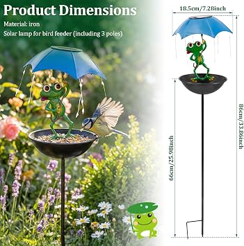 Solar Bird Feeder Frog Garden Ornaments 86cm Detachable Bird Baths Feeder Bowl with Umbrella Wild Birds Hummingbird Feeders Decorative Path Lights Garden Gifts for Outdoor Patio Yard Lawn