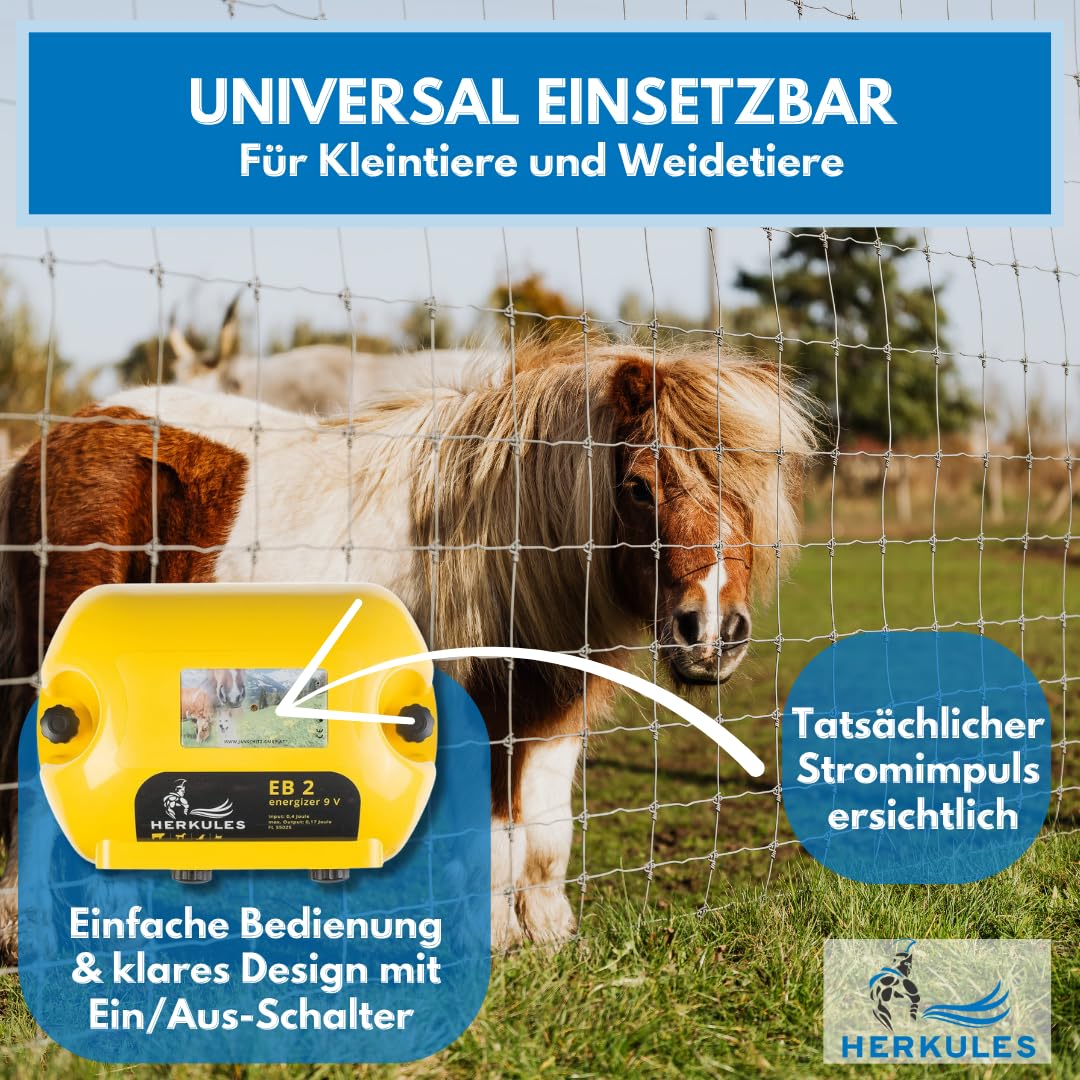 Herkules Weidezaungerät EB 2 - 9V Batteriegerät für mobile Weidezäune - Elektrozaungerät für bis zu 3,5 km Zaun - Weidegerät mit 5600 V Leistung - Batterie Weidezaun Gerät aus Europa