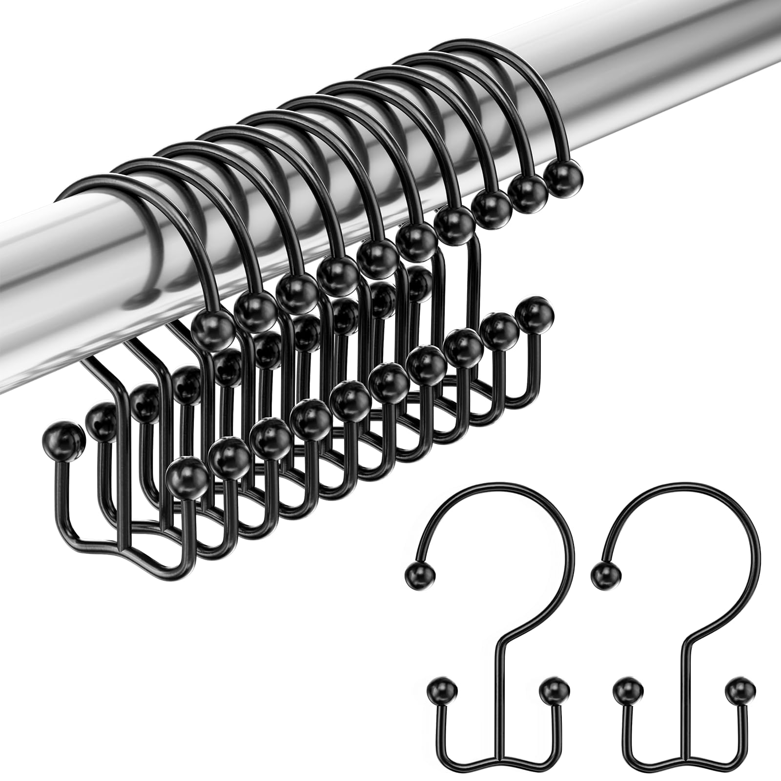 Amazer Shower Curtain Hooks Black Double Shower Curtain Hooks, Shower Curtain Rings Sturdy Stainless Steel Shower Hooks for Bathroom Shower Rod, 24Pcs Shower Curtain Hangers