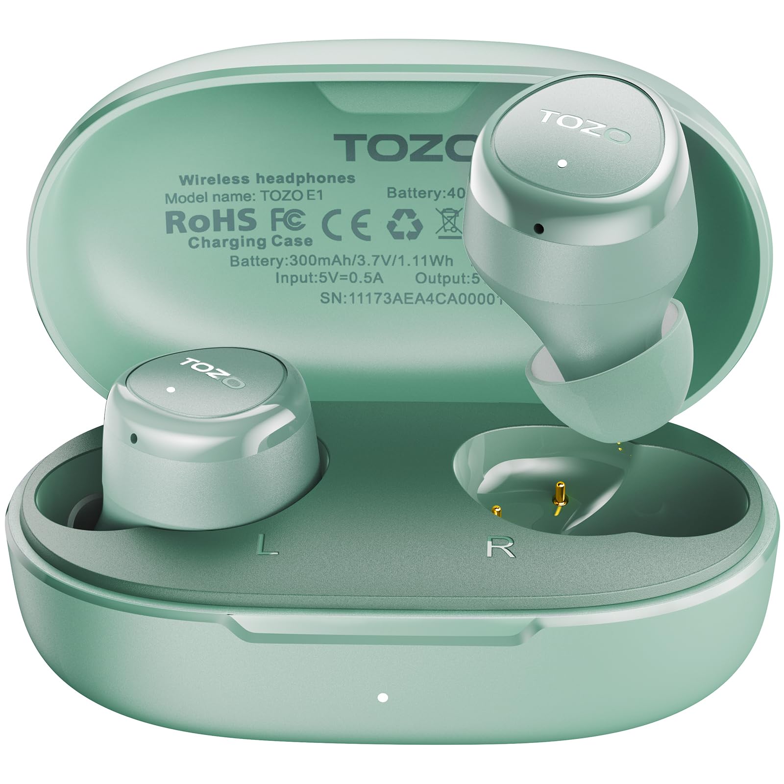TOZO New Upgrade E1 Wireless Earbuds Build in Mic Clear Calls Ergonomic Light-Weight Bluetooth 5.3 in Ear Headphones IPX6 Waterproof Premium Stereo Sound Headset 30H Playtime with 32 EQs via APP - Light Green