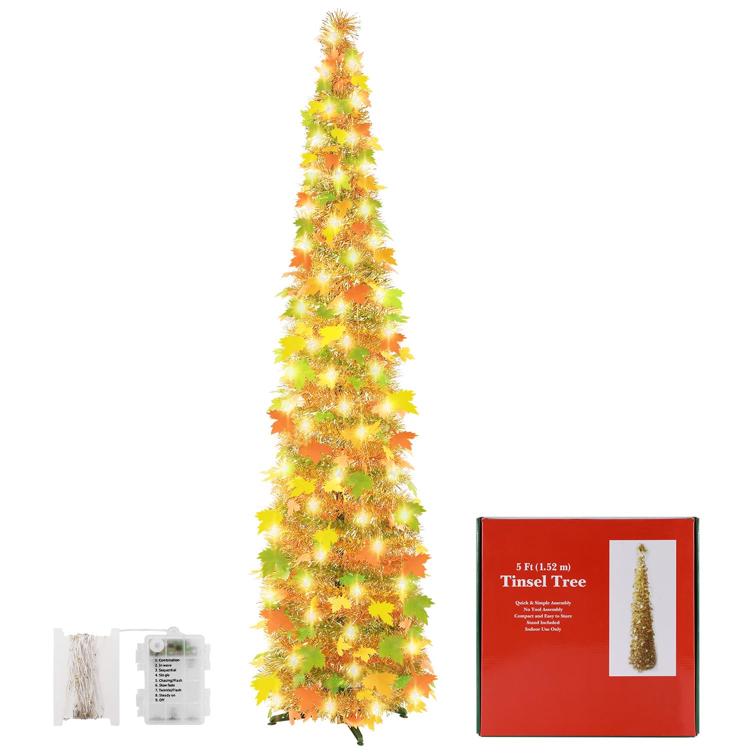 Tiyiviri Gold, Yellow 5Ft Pop Up Fall Maple Tree With 60 Lights - Artificial Maple Leaves Christmas Tree Collapsible Pencil Tinsel Trees For Fall Decoration Front Porch Fall Decor (5 Feet)