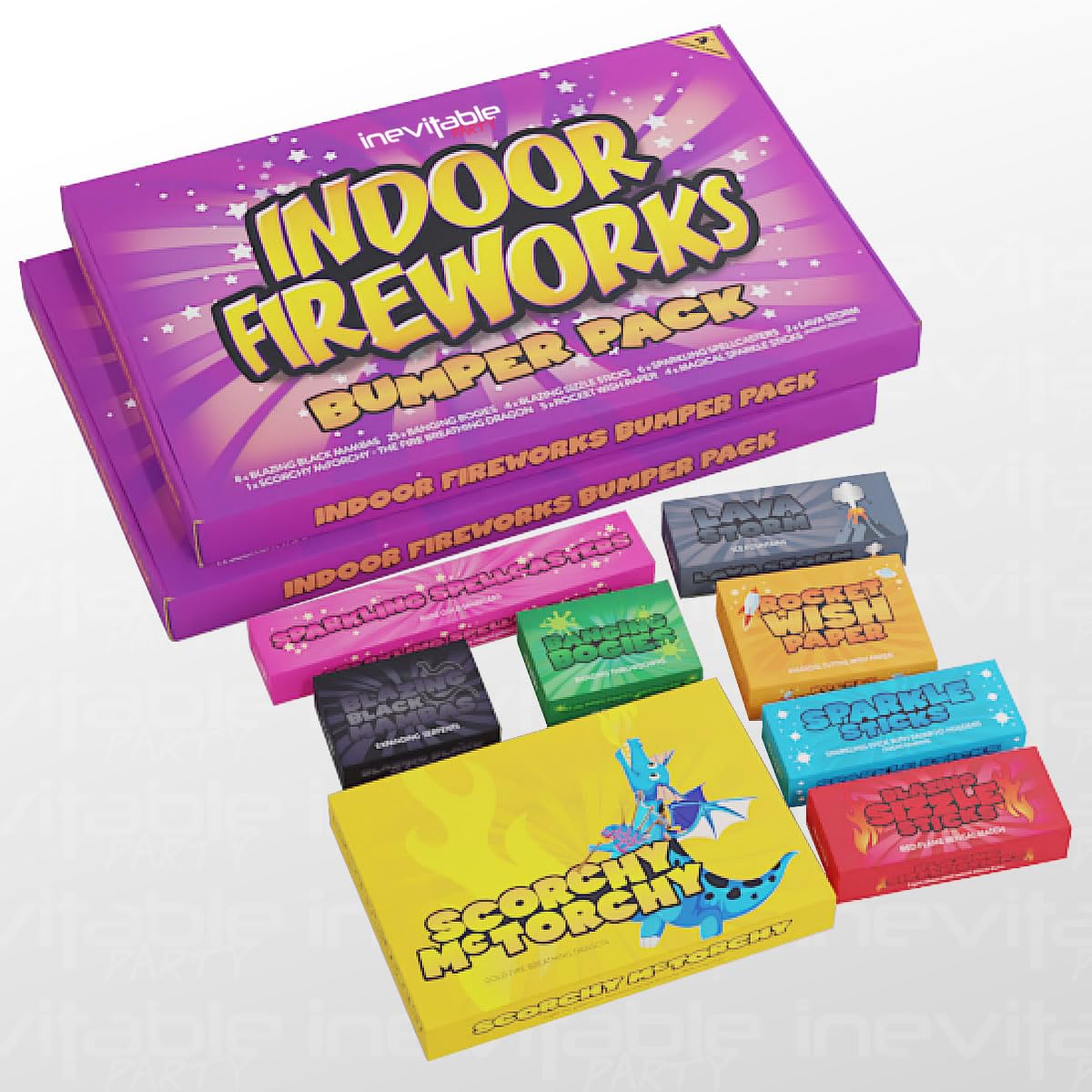 Inevitable Party Indoor Fireworks Selection Pack - A Collection of 8 different Nostalgic Novelty Pyrotechnics - CAT F1 Low Hazard