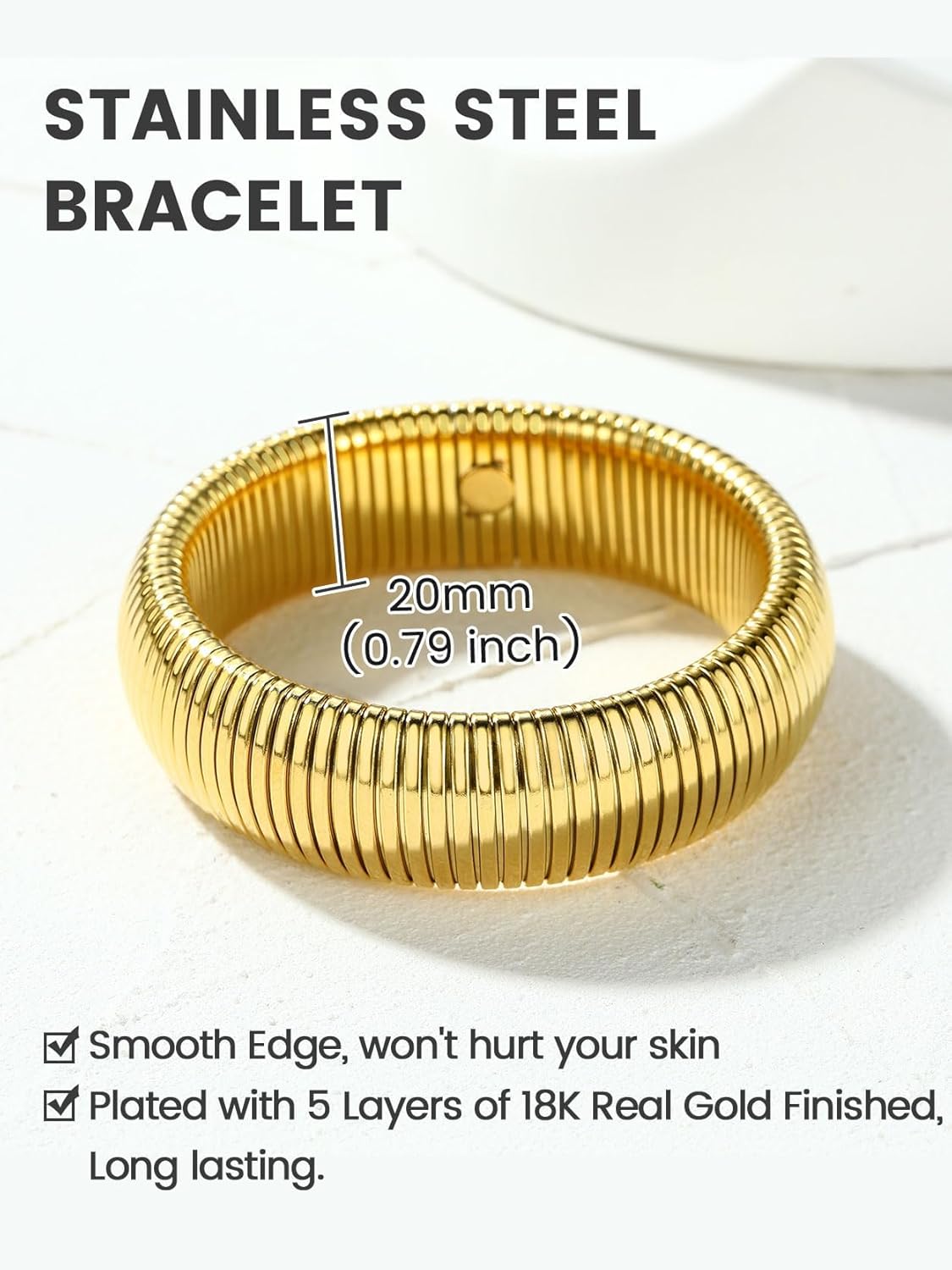KeyStyle Bangle Bracelets for Women, Stainless Steel Stretch Bracelet Flexible Wide Link Chain Gold Wristband GoldChic Twisted Jewelry, 10mm, 16mm, 20mm