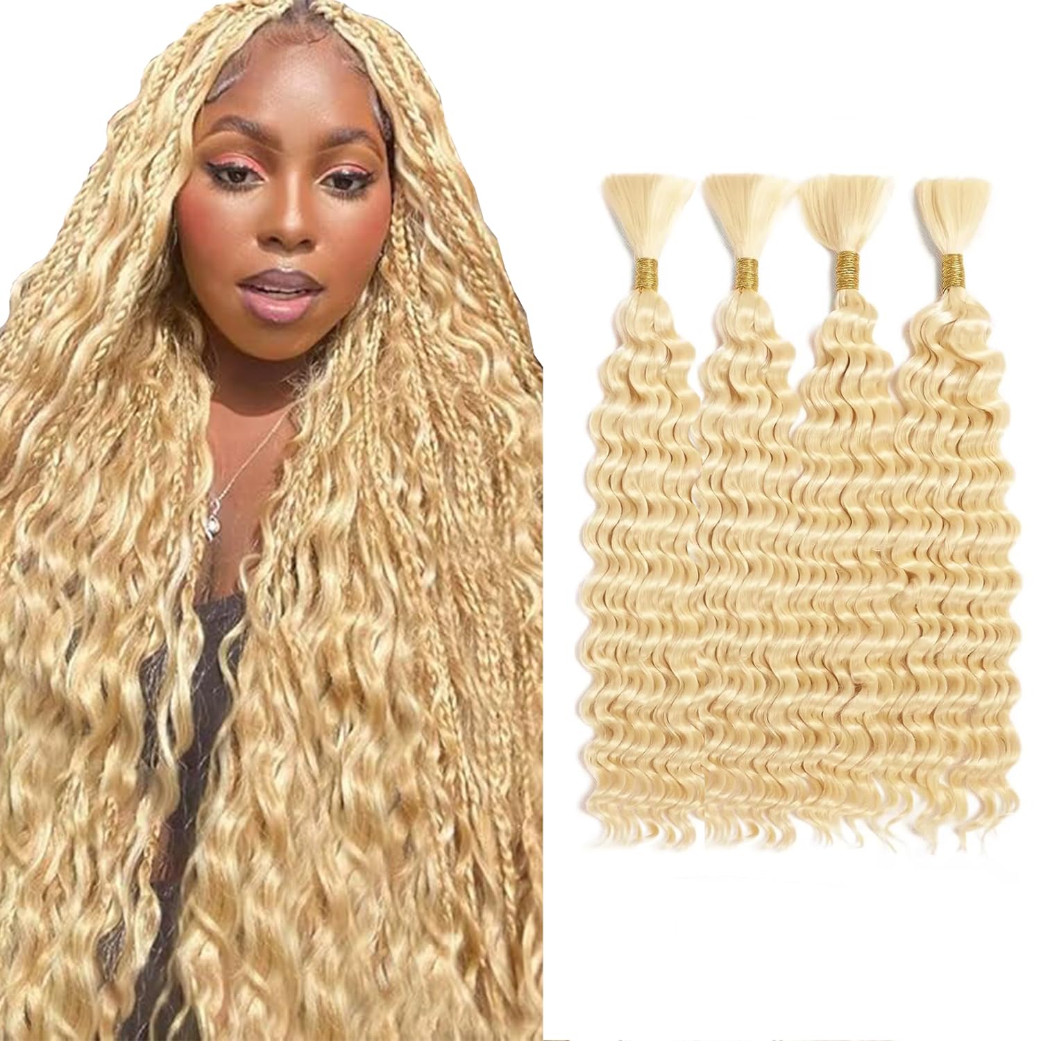 Tuheerst #613 Bleach Blonde Color 32 32 32 32 Inch Boho Braids Human Hair Extension Nice Texture 200g 4 Bundles/pack Unprocessed Deep Wave Human Braiding Hair For Women