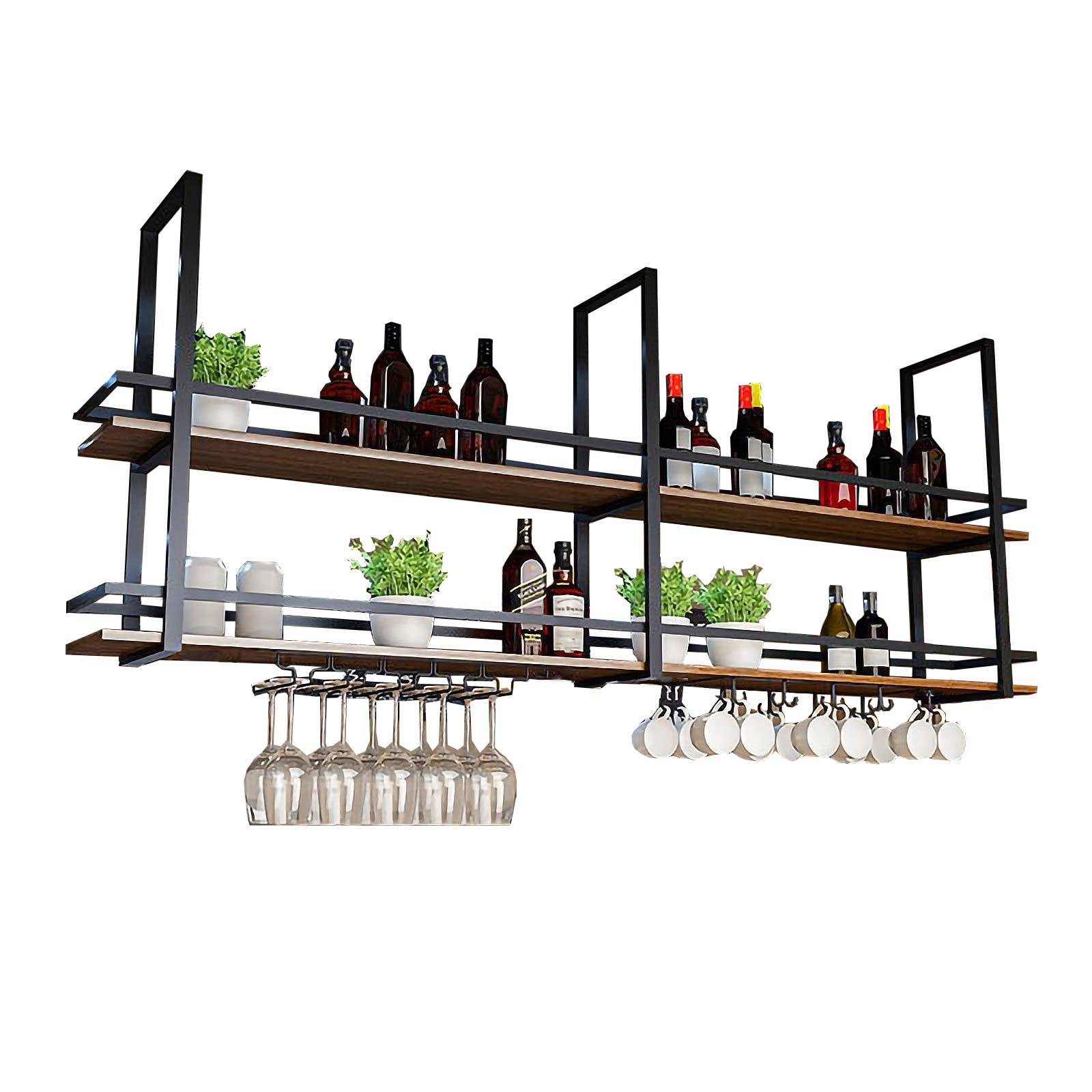 Casier à vin suspendu en métal et bois rustique avec porte-verre de plafond