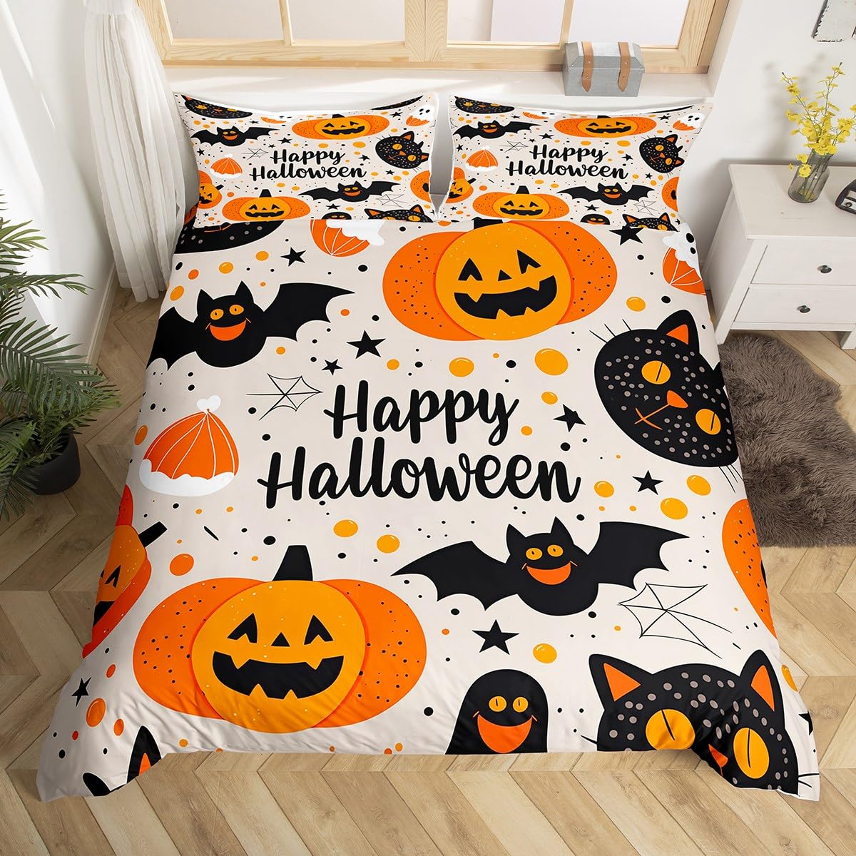 Loussiesd Halloween Bedding Set Double Size Kids Pumpkin Ghosts Comforter Cover for Boys Girls Teens Spider Bats Duvet Cover Beige Gray Breathable Soft Lightweight Microfiber