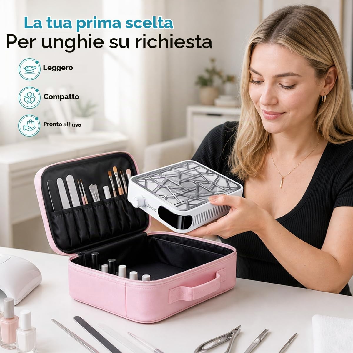 Janolia Aspiratore per Unghie Senza Fili – Mini & Compatto (18x14.9x4cm) – Portatile, 6000 Giri/min, Regolazione a 10 Livelli – con 30 Filtri di Carta Monouso per Salone e Casa