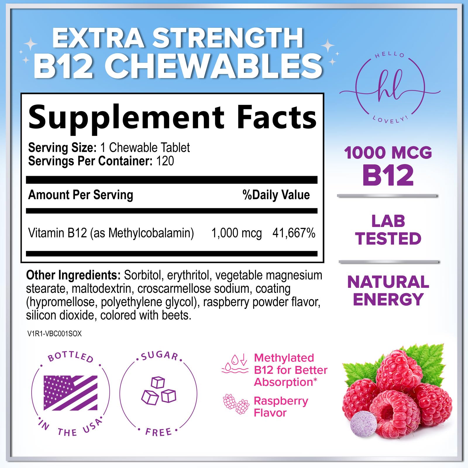 Vitamin B12 1000 mcg Chewables - Natural B12 Complex with Heart & Nerve Energy Health Support - Vitamin B-12 Complex with Immune Health Support - Fast Dissolve, Bottled in USA - 120 Chewables — Amazon image 2