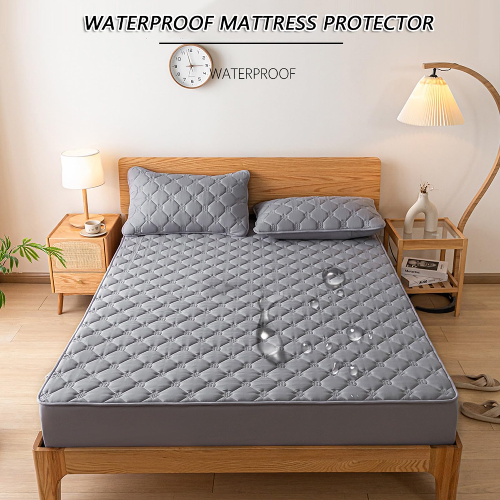 Wasserdichter Matratzenschoner,Gesteppter Spannbettlaken-Matratzenschoner mit 2 Kissenbezügen,Weiche Atmungsaktive Kühlende Matratzenauflage,Hypoallergen und Geräuschlos(Green,200x220cm)