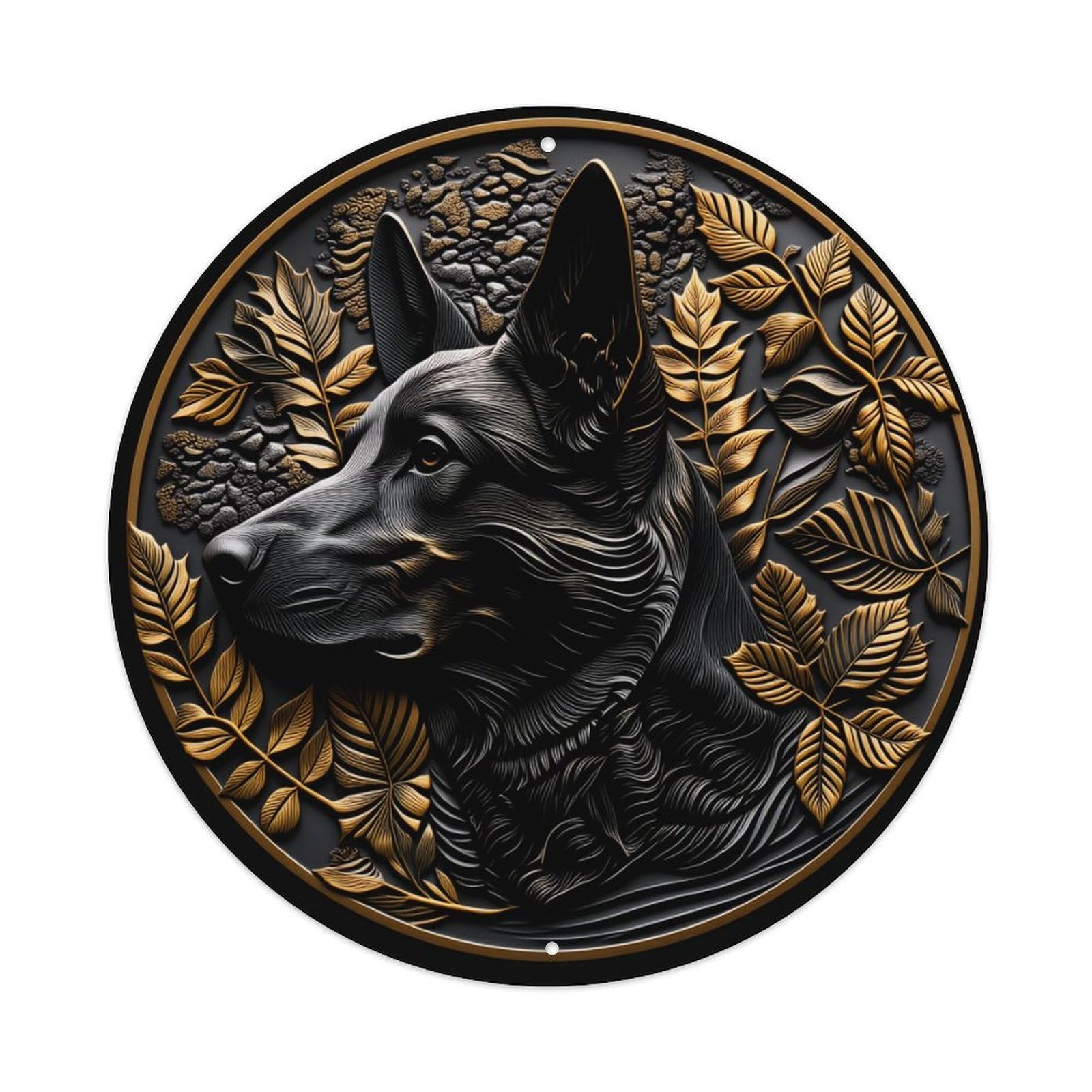 German Shepherd With Golden Leaves And Stones Background Round Vintage Tin Sign,Retro Wall Art,Metal Poster for Home, Bar, Garage, Cafe, Rustic Indoor & Outdoor Decor, 8x8 Inches