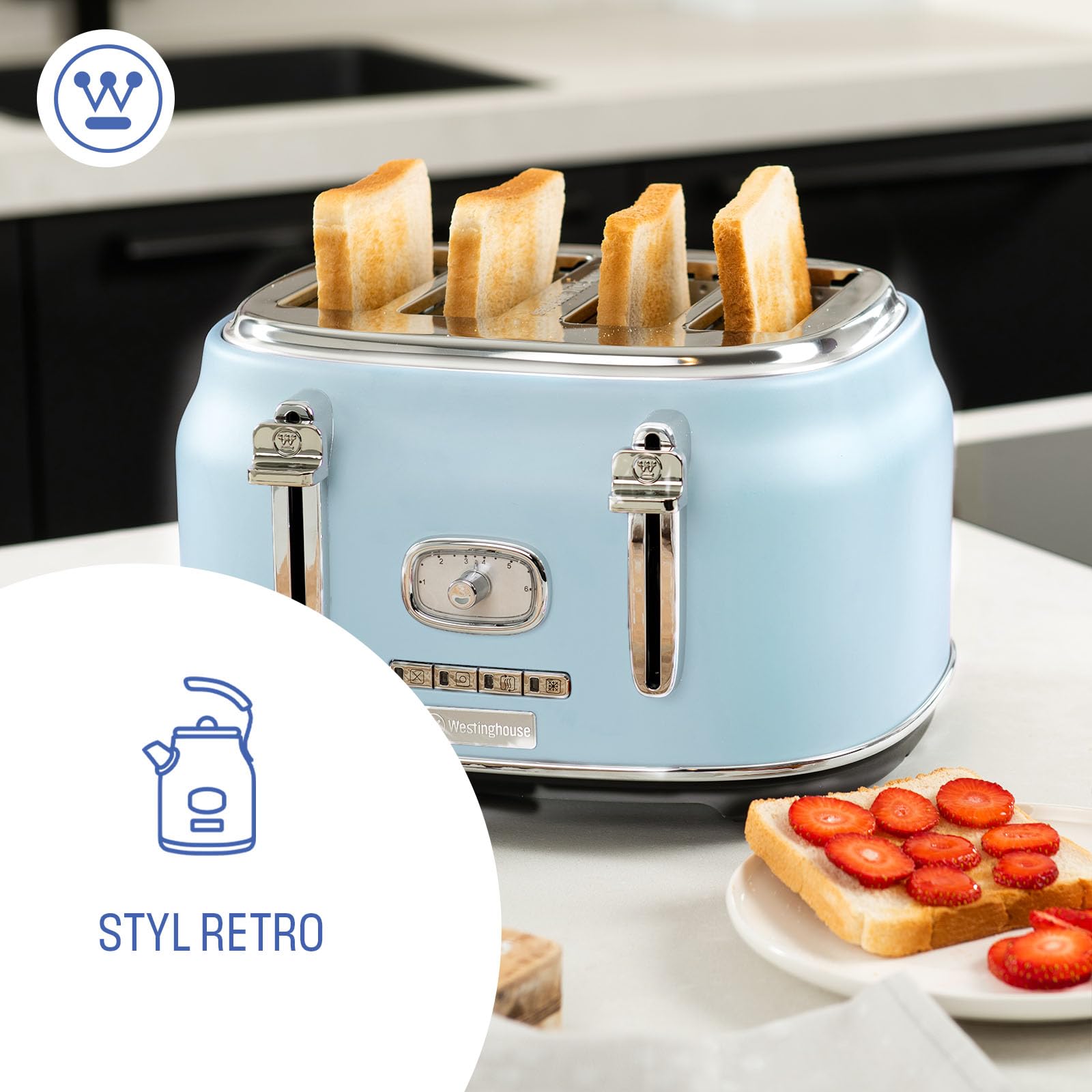 Westinghouse Toster w stylu retro, 4 kromki, bardzo szerokie szczeliny, stojak utrzymujący ciepło, 1750 W, niebieski