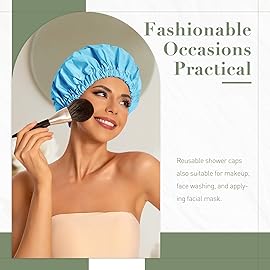 Reusable Shower Cap for Women, Large Waterproof Shower Bonnet Washable Elastic Band Bath Hair Hat for Long Hair, Braids(Lake Blue)