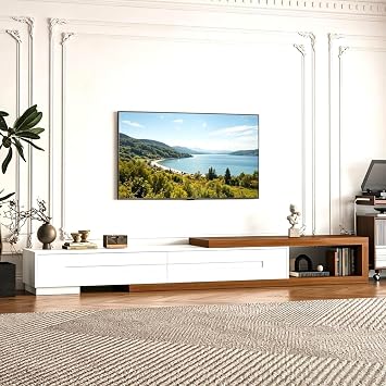 Extendable TV Stand with 2 Drawers, 80"-115" Modern Wood TV Console for Up to 120 Inch TV, Long Reversible Entertainment Center with Storage for Living Room Bedroom, White& Walnut