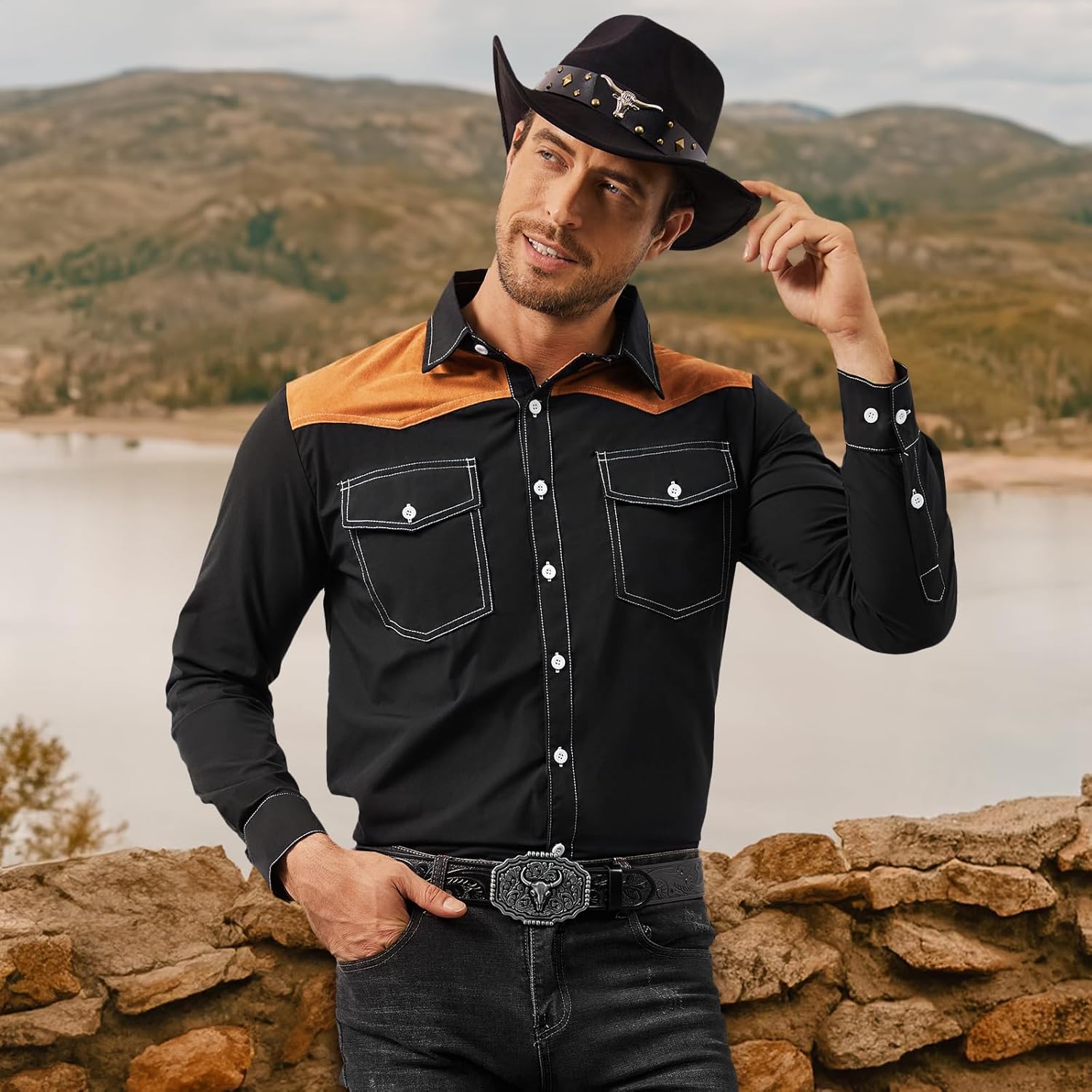 Cowboy Shirts for Men Western Casual Work Long Sleeve Plaid Button Down Shirts Vintage Country Style Slim Fit Top - Image 3