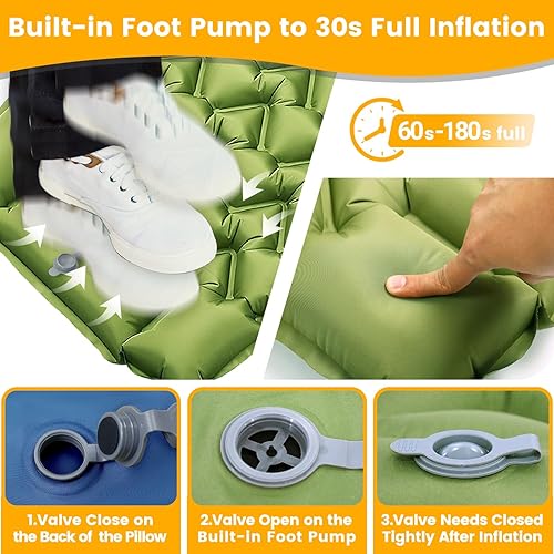 Miniatura 3 de Alfombrilla de dormir para campamento, 4 pulgadas de grosor, ultraligera, inflable, con almohada, con bomba de pie integrada, almohadilla de
