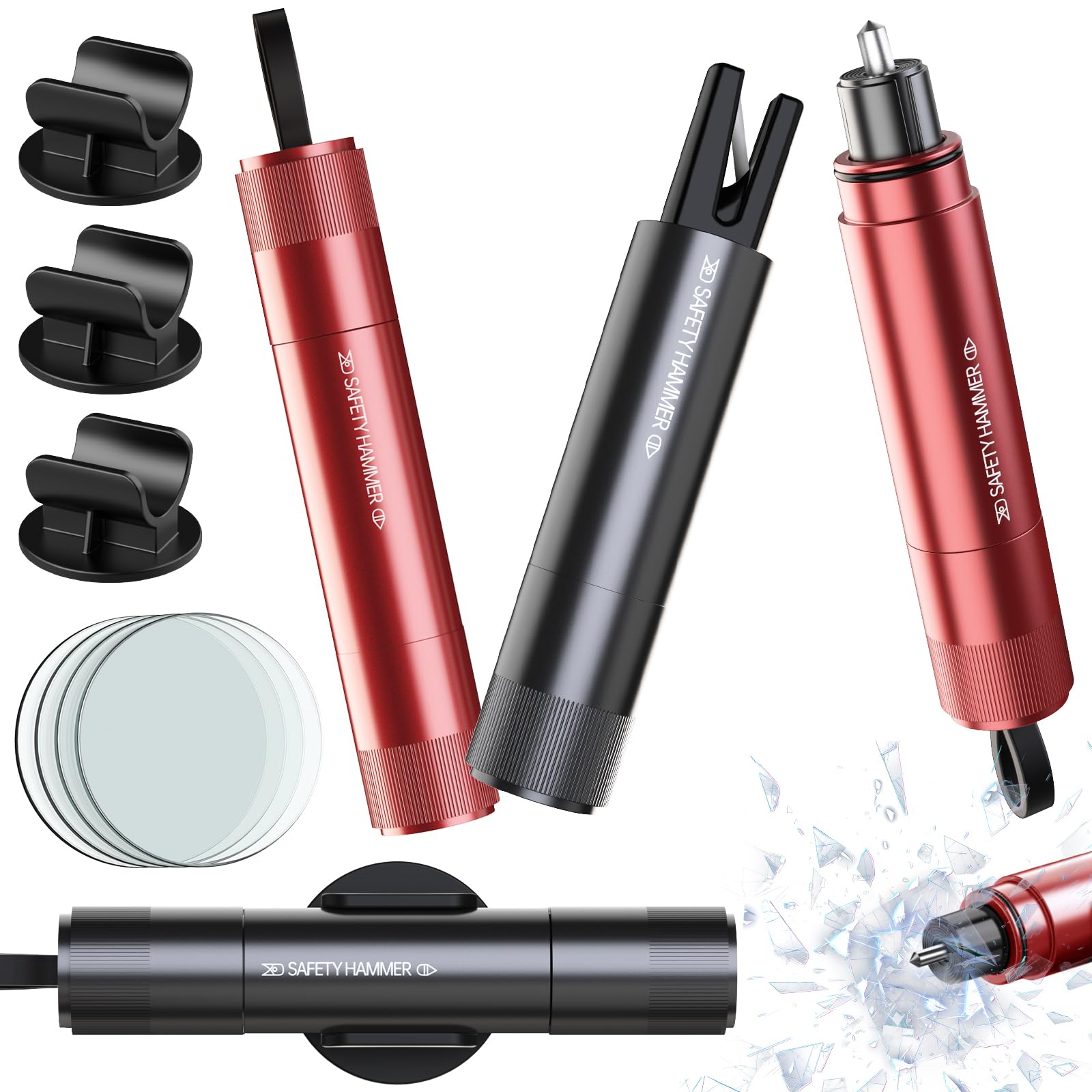 Gecool Martello di Soccorso 2 in 1 con tagliacintura, 4 pezzi kit di sicurezza – frangivetro a molla in tungsteno, lama a U e base adesiva. Ideale per auto e autobus.