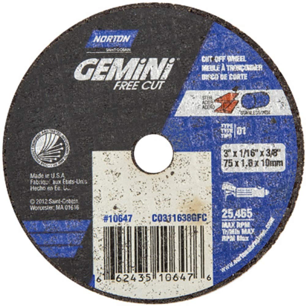 Norton Gemini Fast Cut Small Diameter Reinforced Abrasive Flat Cut-off Wheel, Type 01, Aluminum Oxide, 3/8