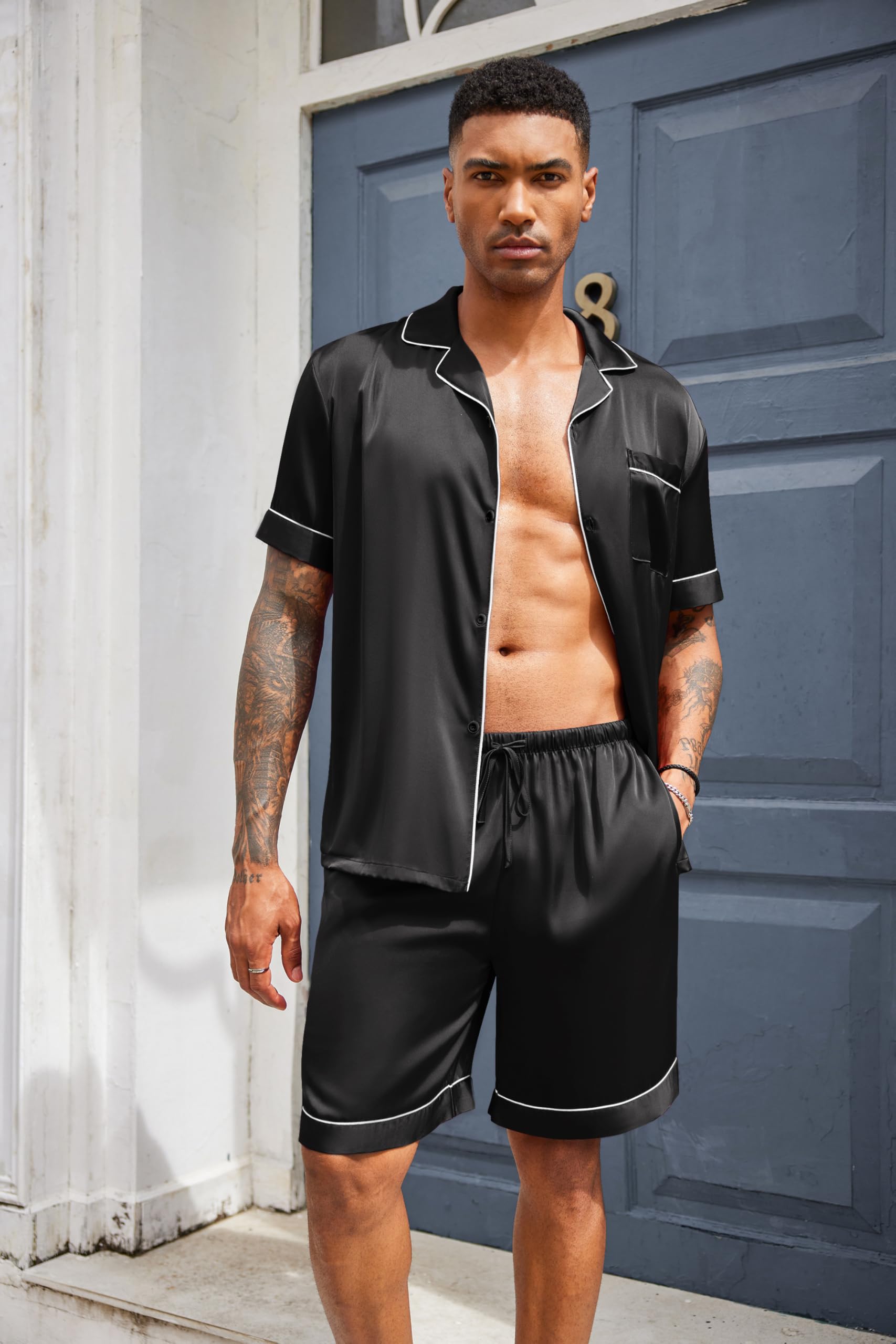 Ekouaer Ekouaer Mens Silk Satin Pajamas Set, Short Sleeve Sleepwear Lightweight Button Up Lounge Pjs Set with Pockets S-4XL in use