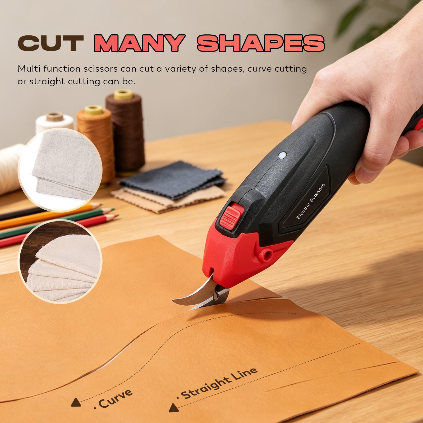CGOLDENWALL Cortador Tela Electrico Inalambrico 4V, Cuero Papel Alfombra | Recargable, 2 Cuchillas Repuesto, Max 6mm, Enfriamiento, 330g Ligero, Rojo