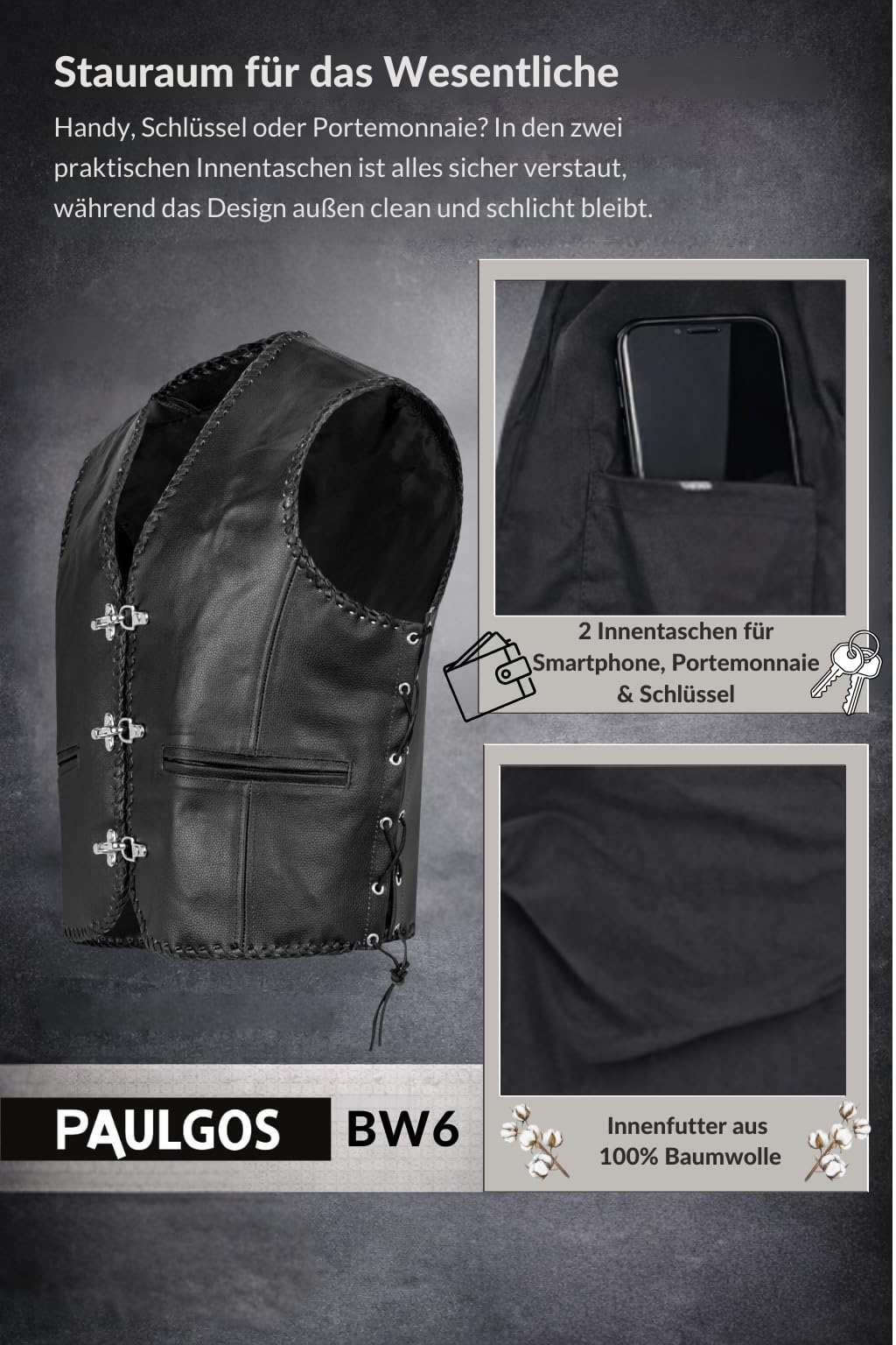 PAULGOS Lederweste Weste Kutte Leder Biker Rocker Motorrad Clubweste Bikerweste Motorradweste Schwarz BW6