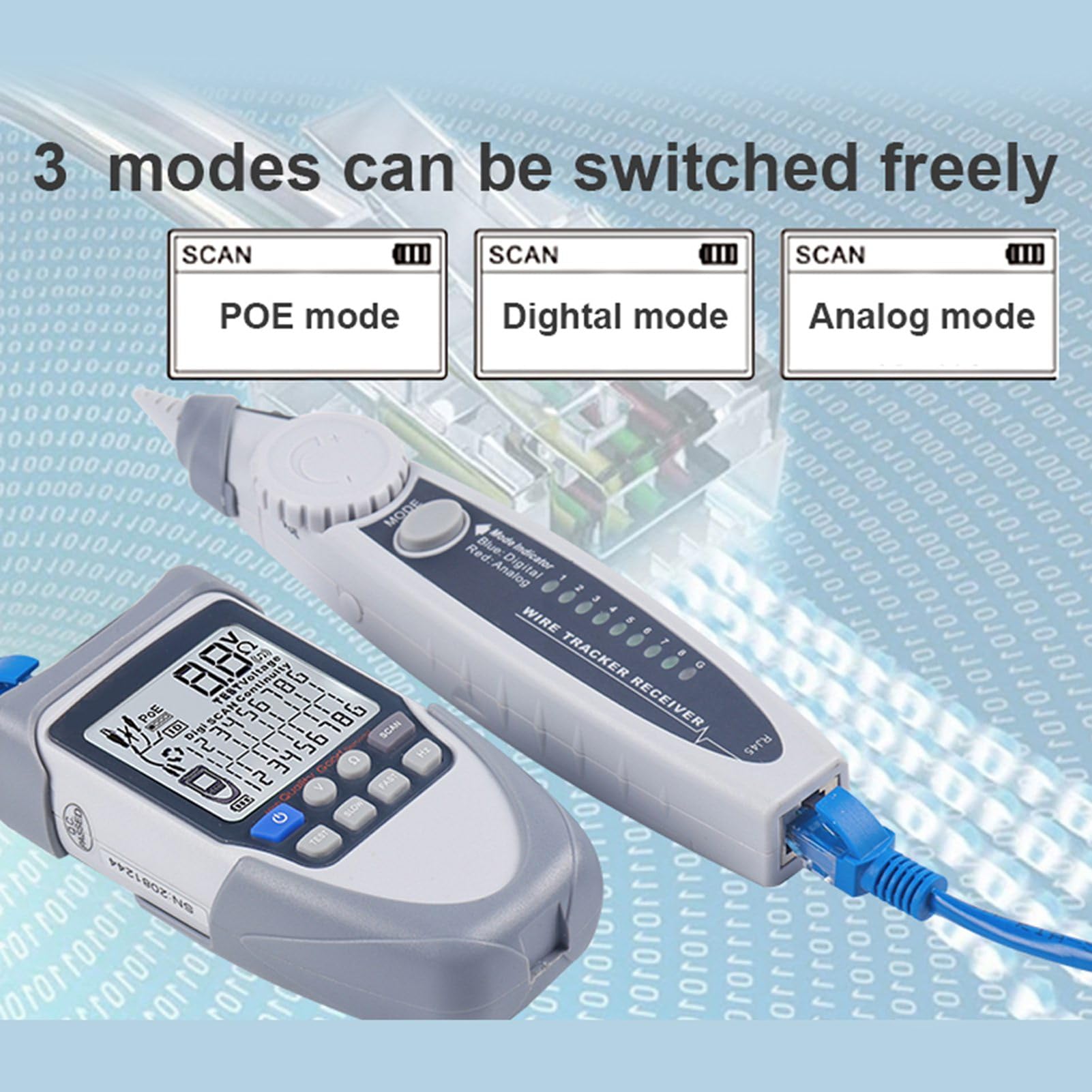 Wakects Tester per Cavi di Rete Portatile Portatile, Tracciatore di Cavi Multifunzione ABS con Display LCD, Controllo polarità Tensione POE, Tracciamento Digitale e Analogico, Torcia per Tecnici di