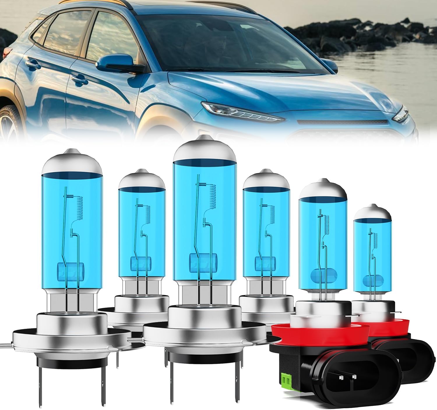 Headlight Bulbs Compatible With Hyundai Kona 2018-2021, H7 High Beam + H7 Low Beam Halogen Light Bulb Combo, Super Bright 6000K White, Plug and Play, Pack of 4