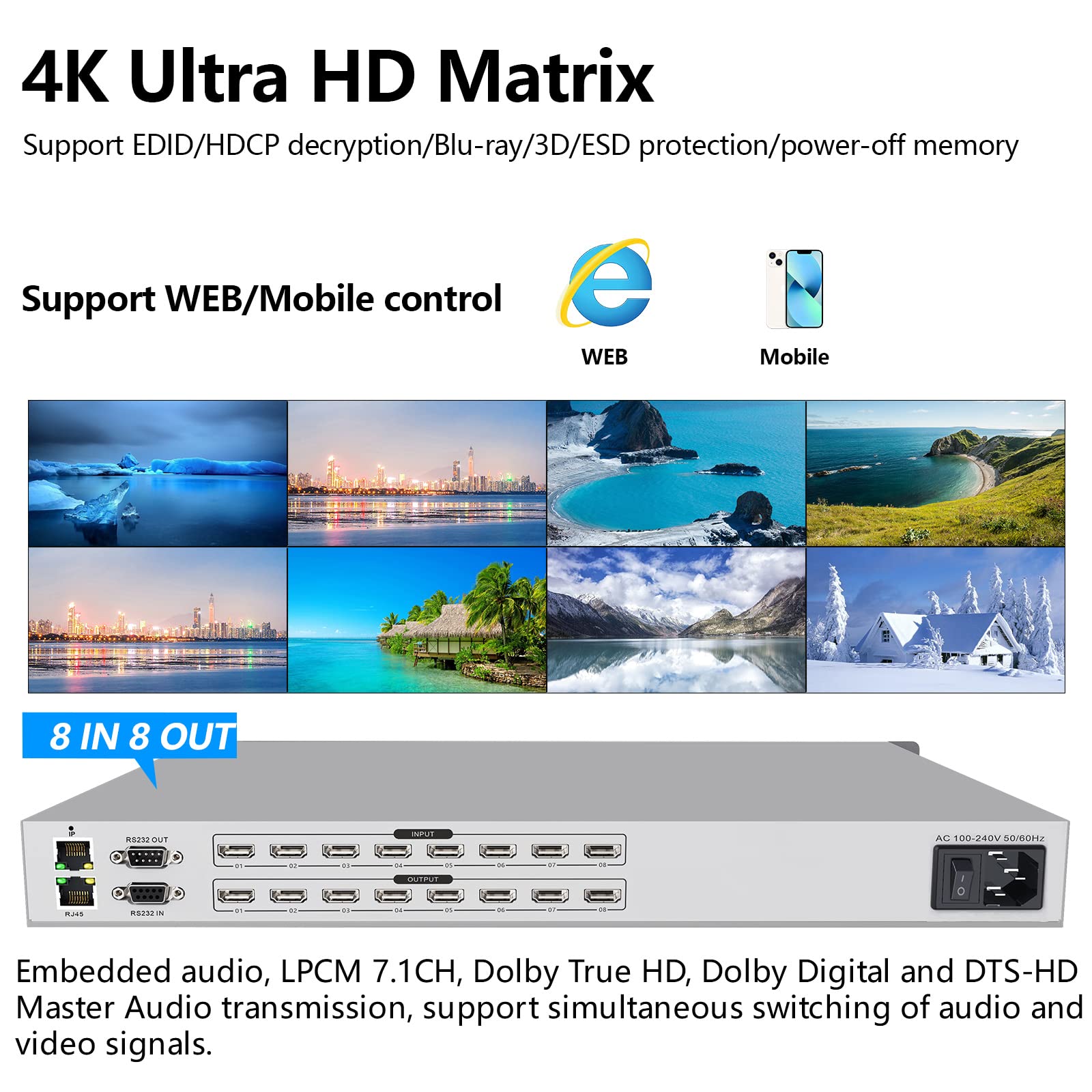 ICUIXIAN 8-in/8-out HDMI Matrix 4kx2k@30Hz HDMI Matrix Switcher Support Network Control HDMI1.4a Standard BLU-Ray Dolby True HD, Dolby Digital and DTS-HD Master Audio Broadcast