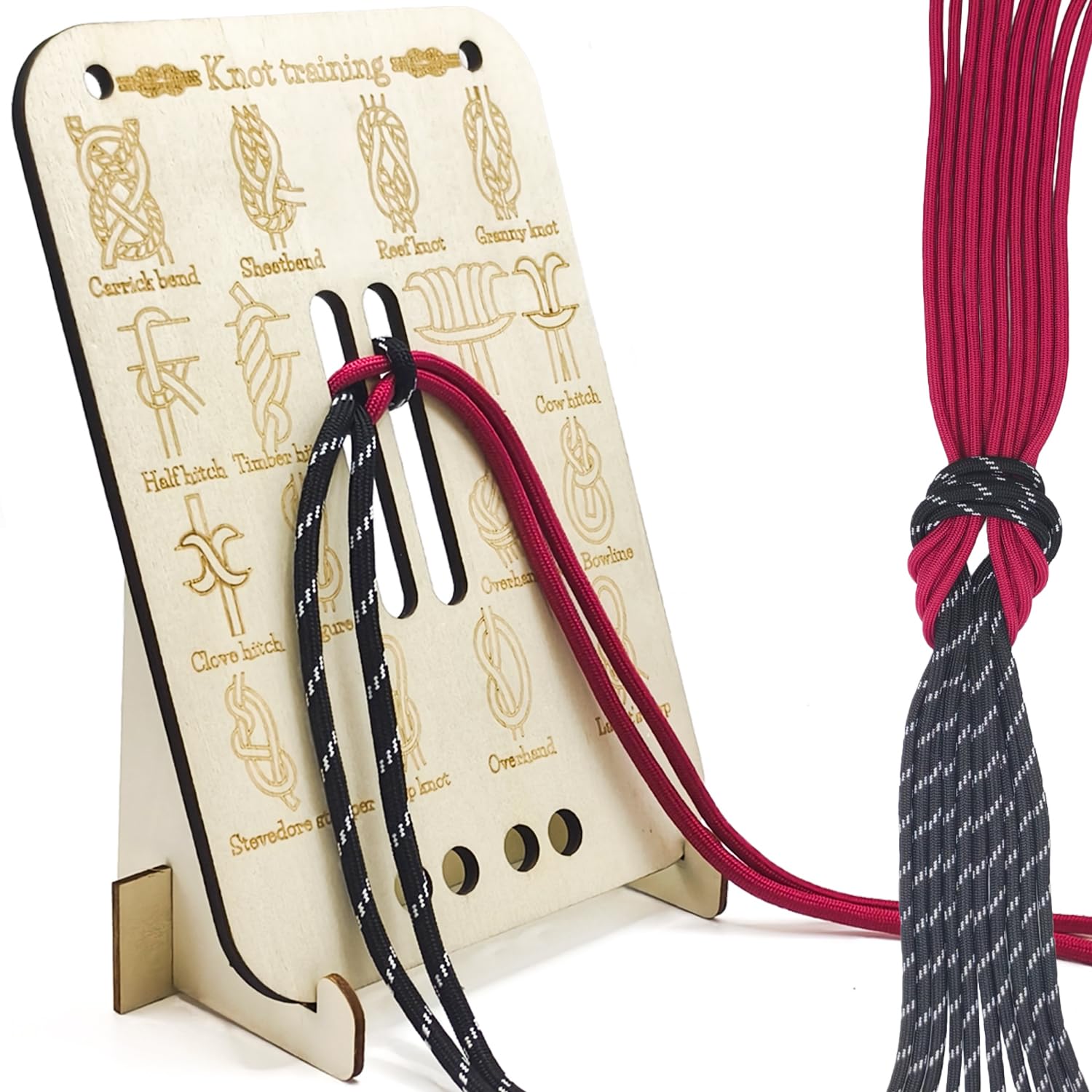 Learn Knot Training Board 16 Essential Knots Trainer with 1 Bracket Board and 10 Nylon Paracord Wooden Knot Tying Practice Board Kit for Outdoor Survival Climbing and Camping