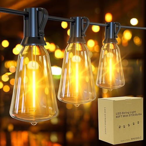 LED Outdoor String Lights 60FT Patio Lights with 31 Shatterproof ST38 Vintage Edison Bulbs 2700K, Outside Hanging Lights Waterproof for Porch Deck Garden Backyard Balcony