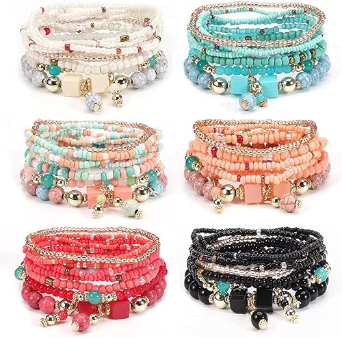 Yovico 6 sets of bohemian stackable women's elastic bracelets girls beaded adjustable multicolor charm gift bracelets girls handmade jewelry(colourB)