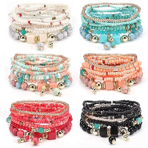 Yovico 6 Sets Of Bohemian Stackable Women's Elastic Bracelets Girls Beaded Adjustable Multicolor Charm Gift Bracelets Girls Handmade Jewelry(Colourb) #TOP1
