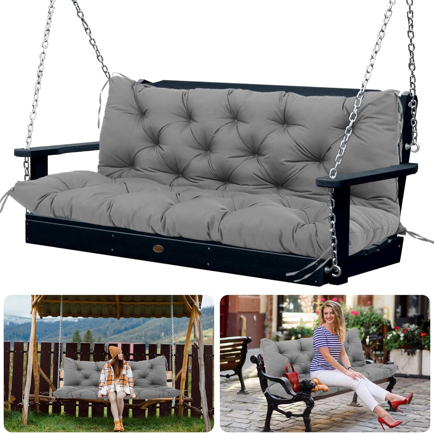 Outdoor Swing Cushion Replacement Waterproof Porch Swing Cushions with Backrest Extra Thick 5" Bench Cushions with Ties for Outdoor Furniture Patio Backyard Garden Lawn (Dark Gray 60x40x5inch) Dark Gray 60 x 40 x 5 inches